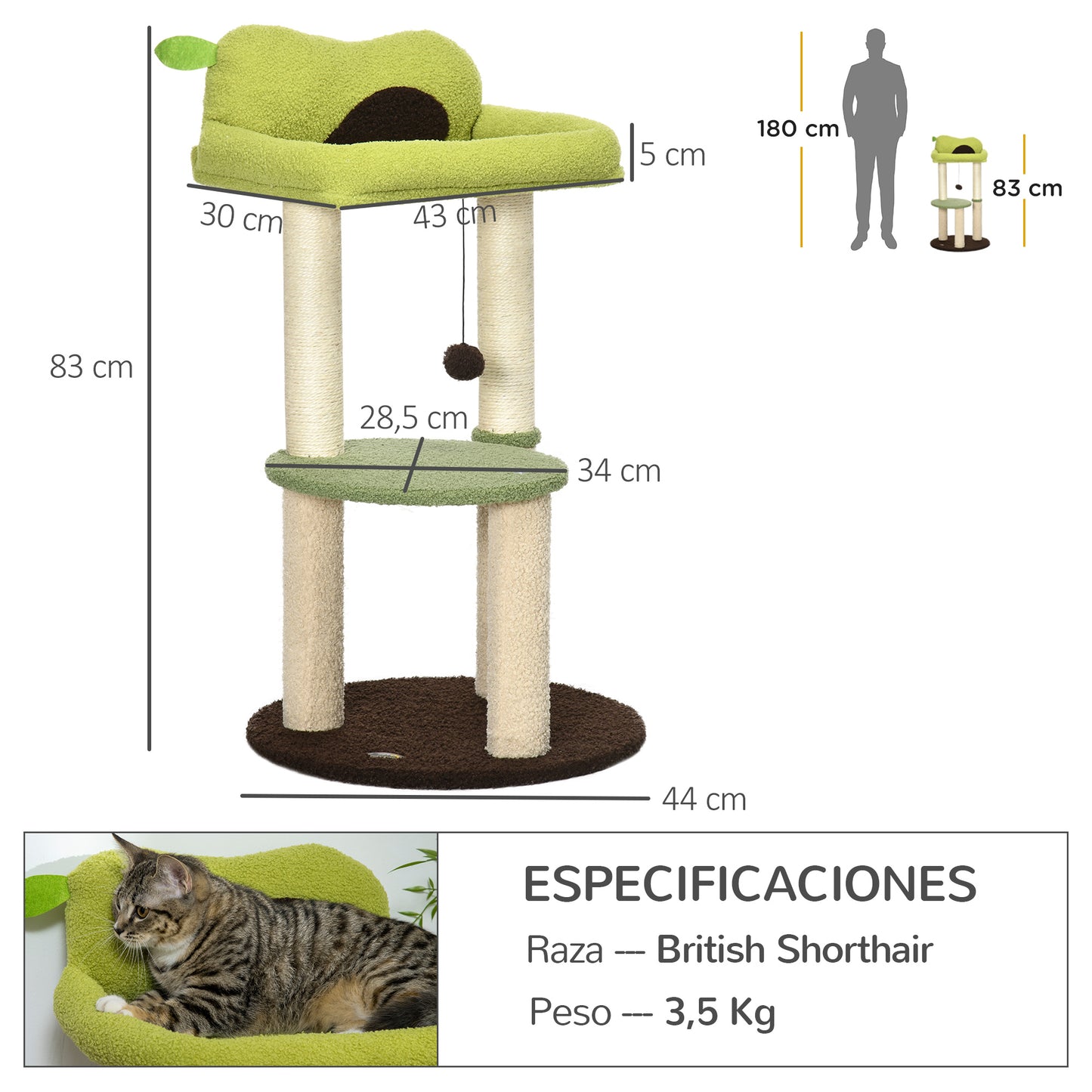 PawHut Árbol Rascador para Gatos Altura 83 cm Torre para Gatos con Cama en Forma de Aguacate Plataforma Postes de Sisal y Bola Colgante Ø44x83 cm Verde