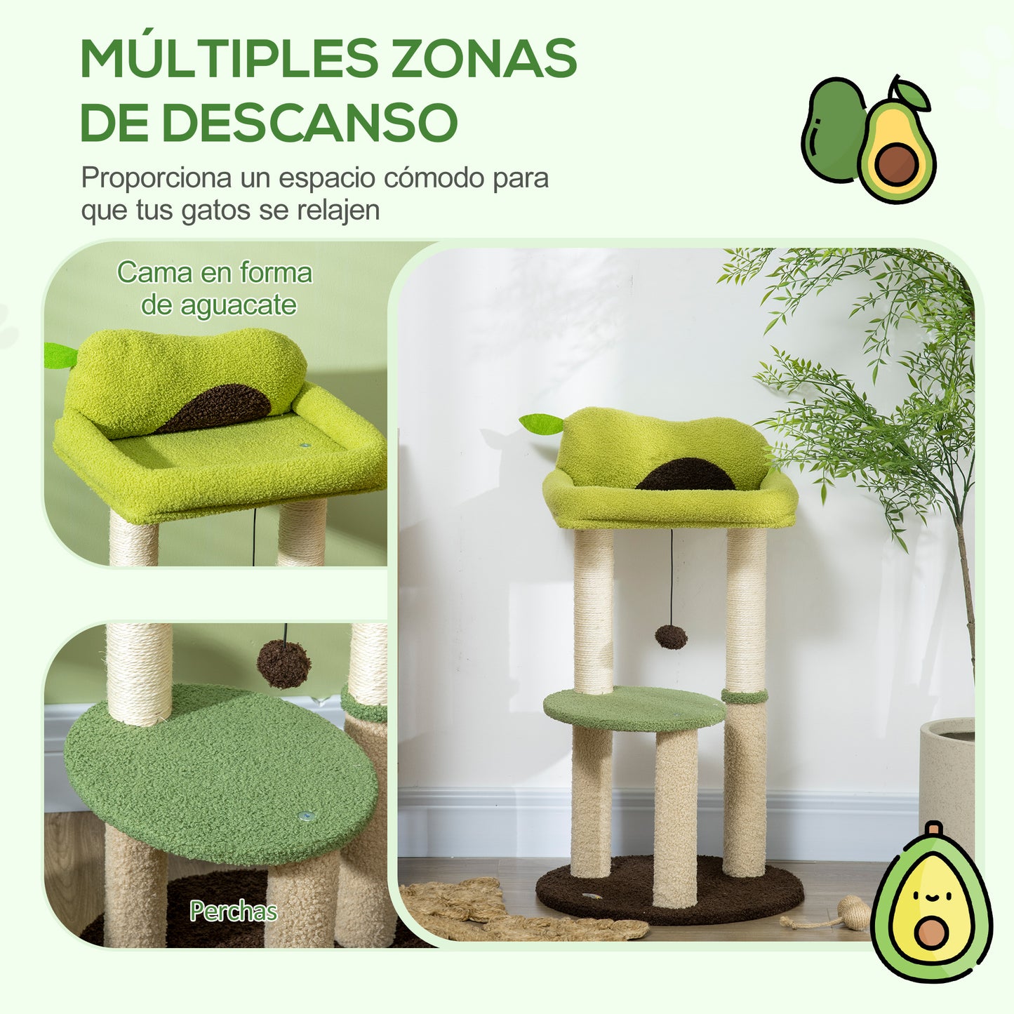 PawHut Árbol Rascador para Gatos Altura 83 cm Torre para Gatos con Cama en Forma de Aguacate Plataforma Postes de Sisal y Bola Colgante Ø44x83 cm Verde