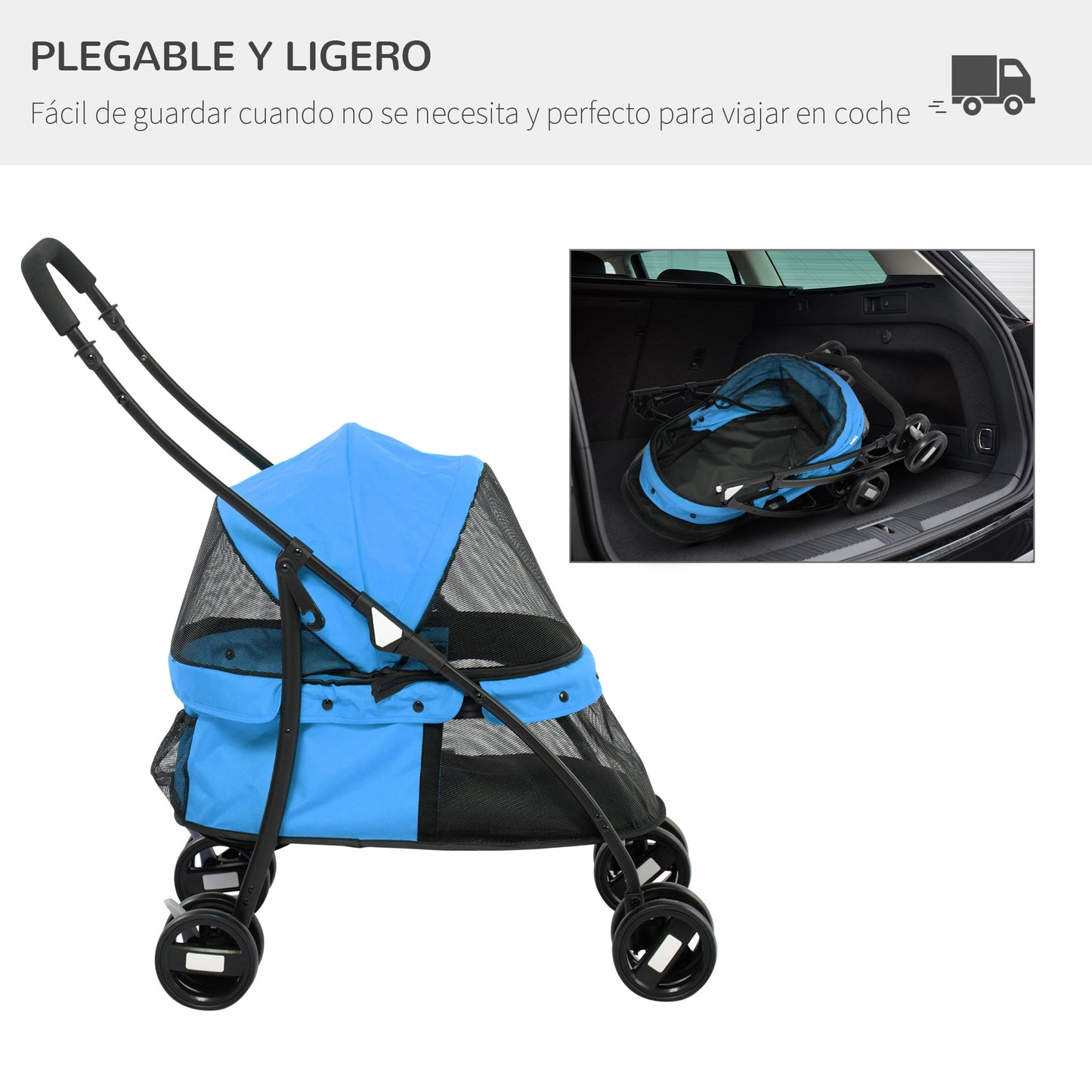 PawHut Carrito para Perros Plegable Cochecito para Mascotas Cochecito para Perros Pequeños con Ventanas de Malla Cojín Lavable Correas de Seguridad y Marco de Acero Azul