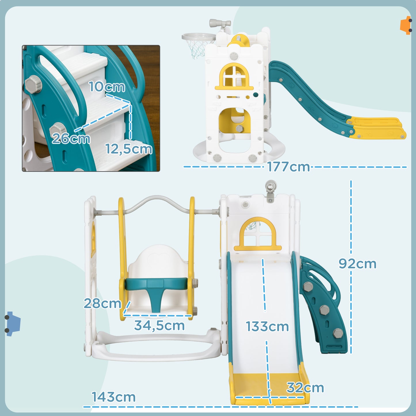 AIYAPLAY Tobogán Infantil 6 en 1 Parque Infantil con Columpio y Tobogán Telescopio Aro de Baloncesto Espacio de Almacenamiento para Interior Multicolor