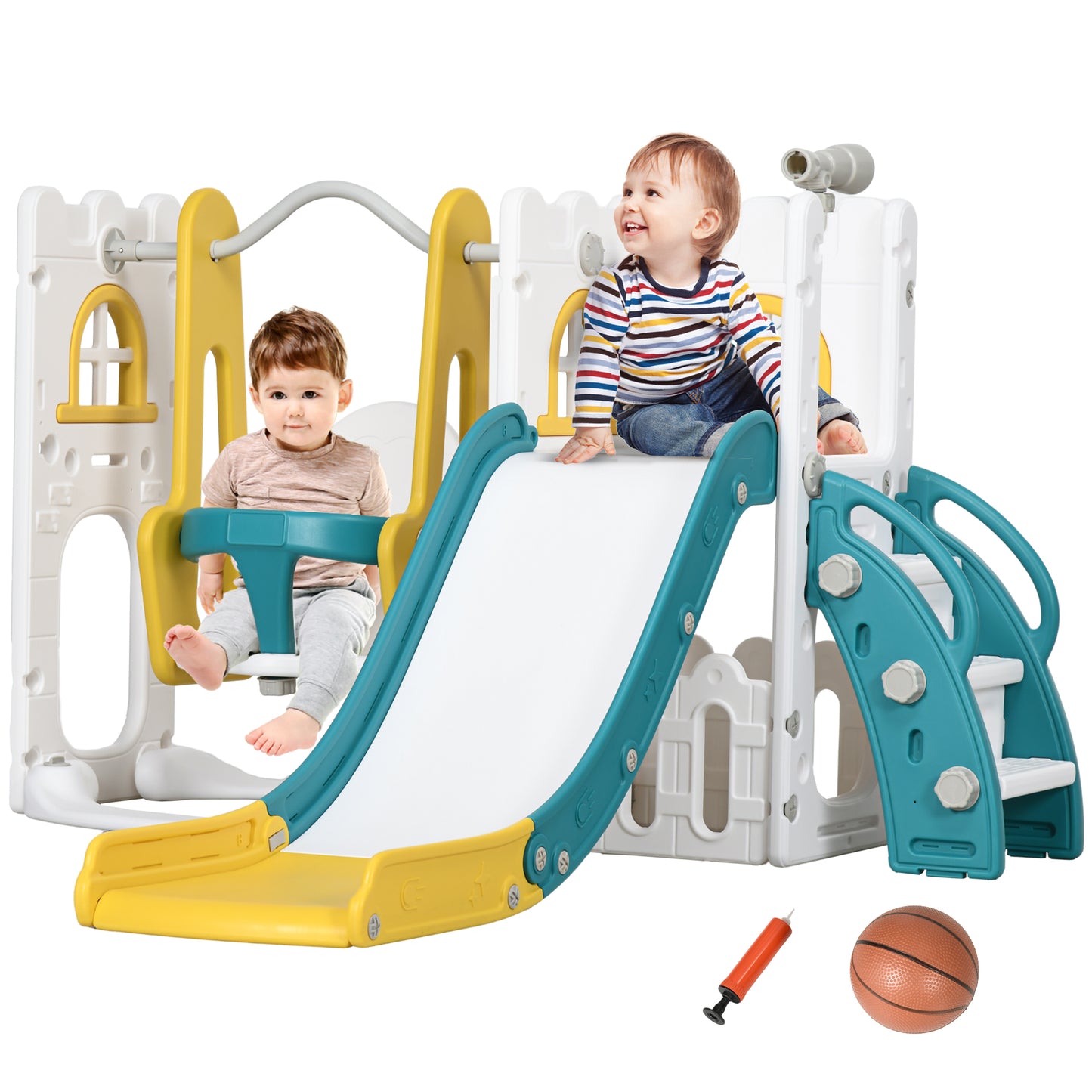 AIYAPLAY Tobogán Infantil 6 en 1 Parque Infantil con Columpio y Tobogán Telescopio Aro de Baloncesto Espacio de Almacenamiento para Interior Multicolor