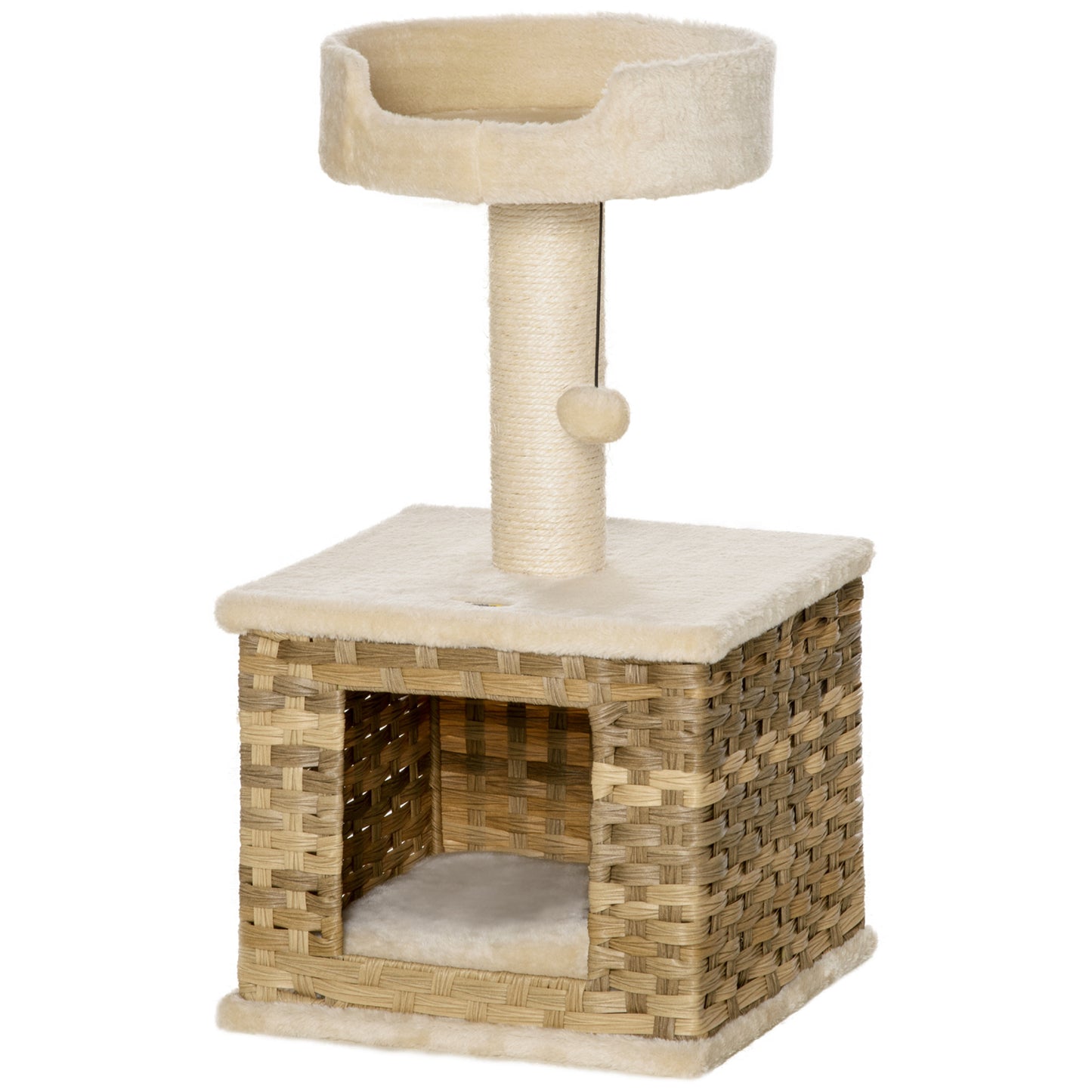 PawHut Árbol para Gatos Mediano Altura 69 cm con Cueva de Ratán Sintético Cojín Lavable Cama Superior Poste Rascador de Sisal y Bola Colgante 36x36x69 cm Beige