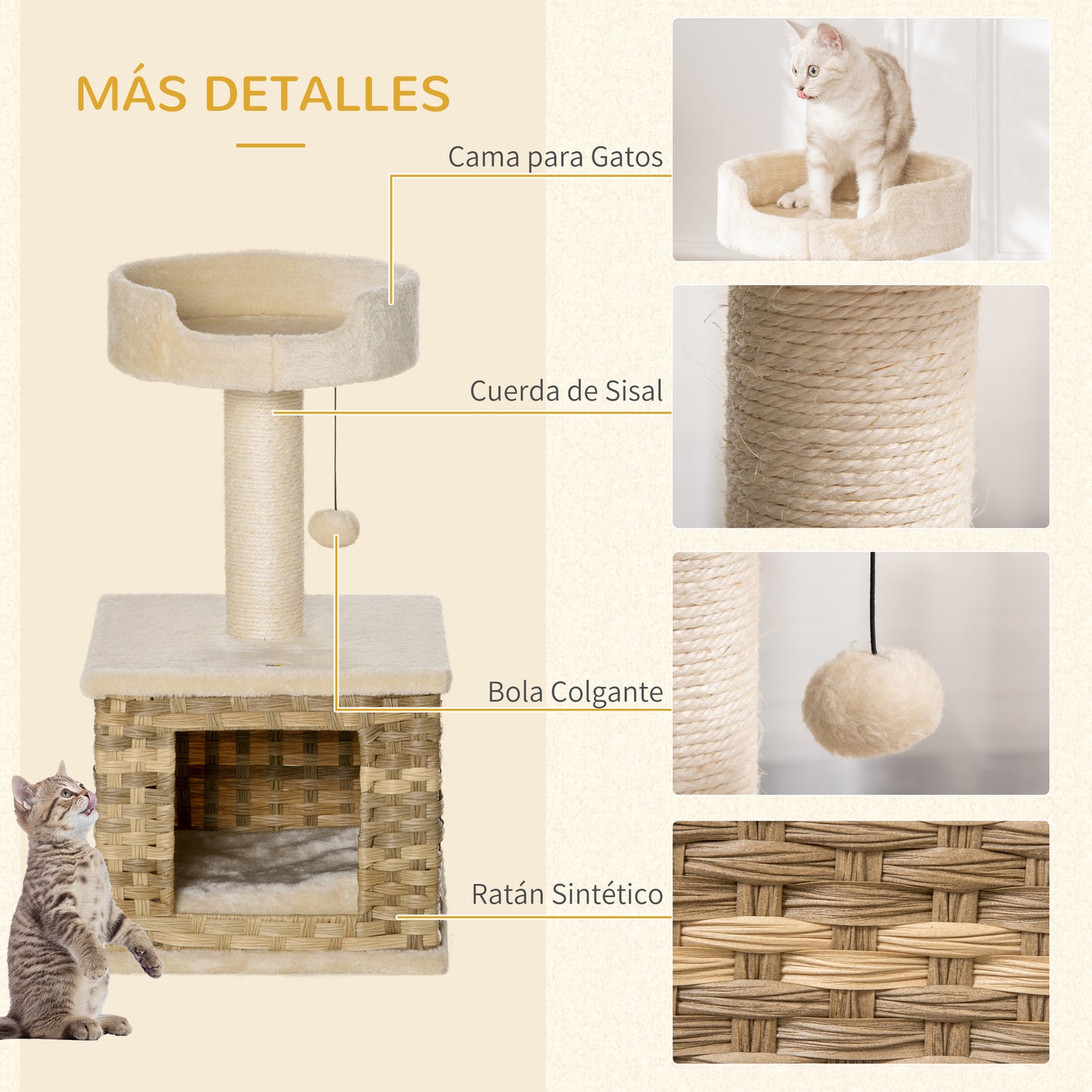 PawHut Árbol para Gatos Mediano Altura 69 cm con Cueva de Ratán Sintético Cojín Lavable Cama Superior Poste Rascador de Sisal y Bola Colgante 36x36x69 cm Beige