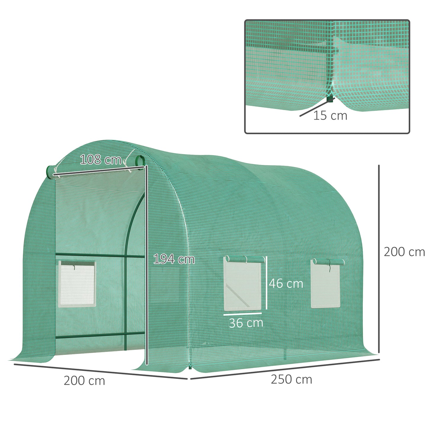 Outsunny Cubierta de Invernadero de Túnel 2,5x2x2 m Cubierta de Repuesto Invernadero Polietileno con 4 Ventanas y Puerta Enrollable Protección de Plantas para Jardín Verde