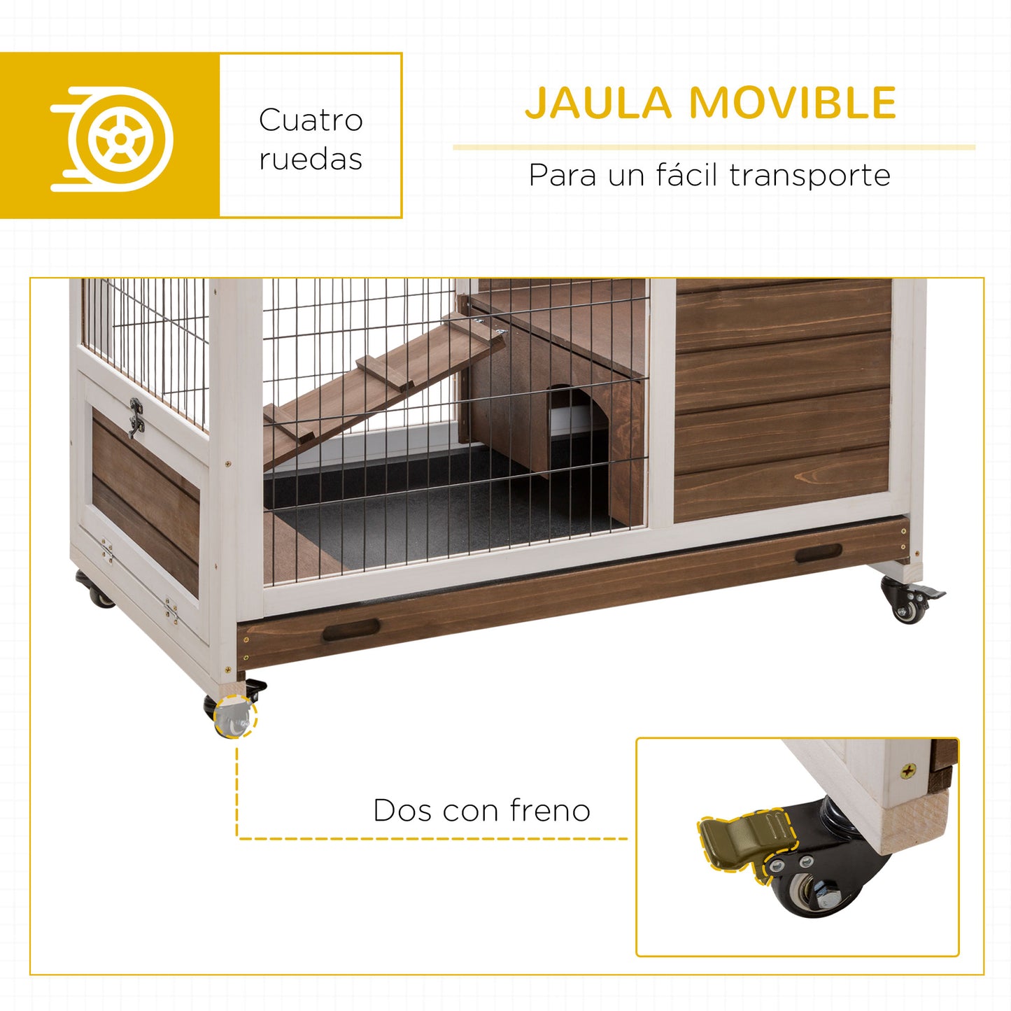 PawHut Jaula para Conejos de Madera Conejera para Mascotas Pequeñas Portátil Interior con Techo Abrible Rampa Bandeja Extraíble para Conejillos de Indias 90x53x59 cm Marrón