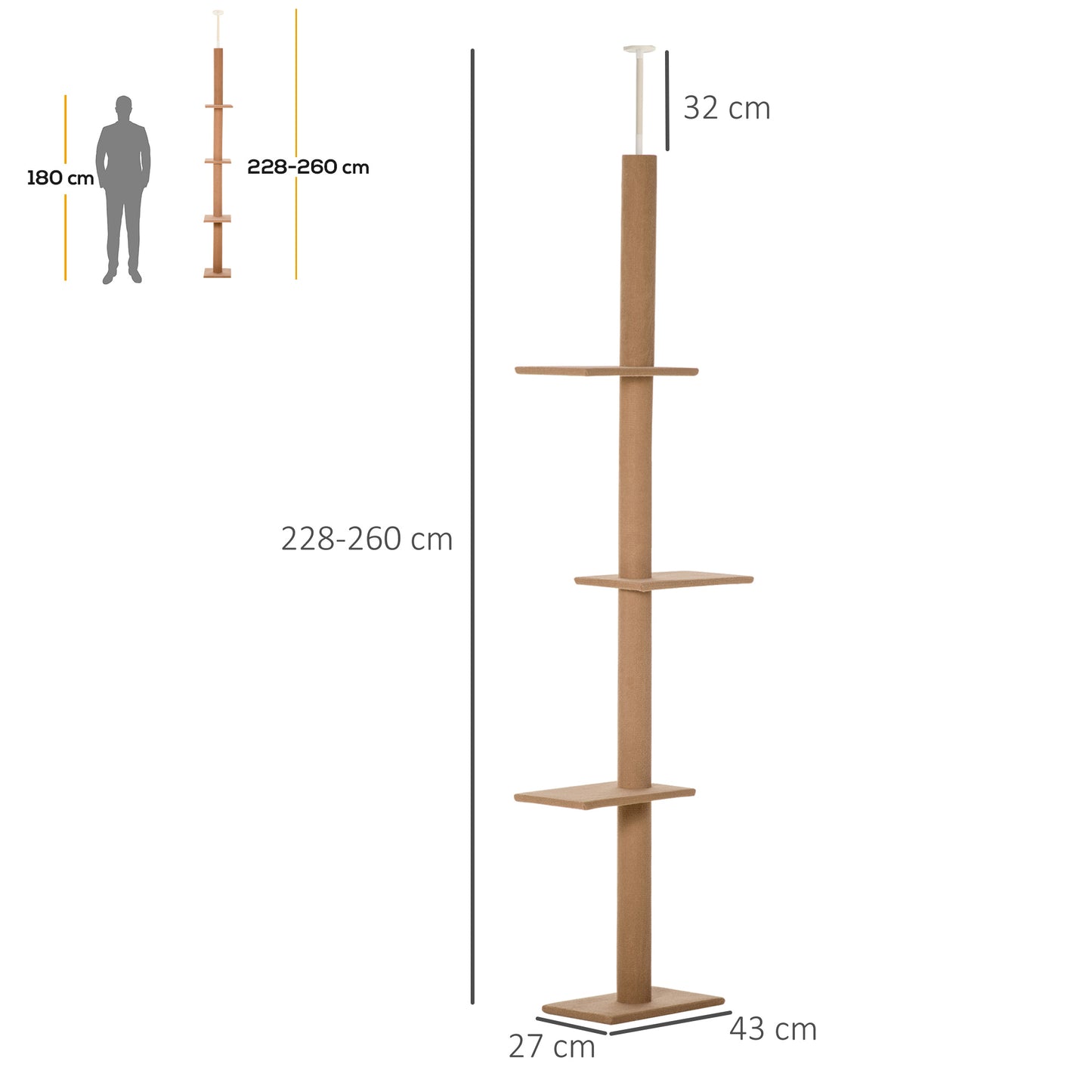 PawHut Árbol para Gatos del Suelo al Techo 43x27x228-260 cm Torre para Gatos con Altura Ajustable 4 Plataformas Espaciosas y Poste de Sisal Marrón