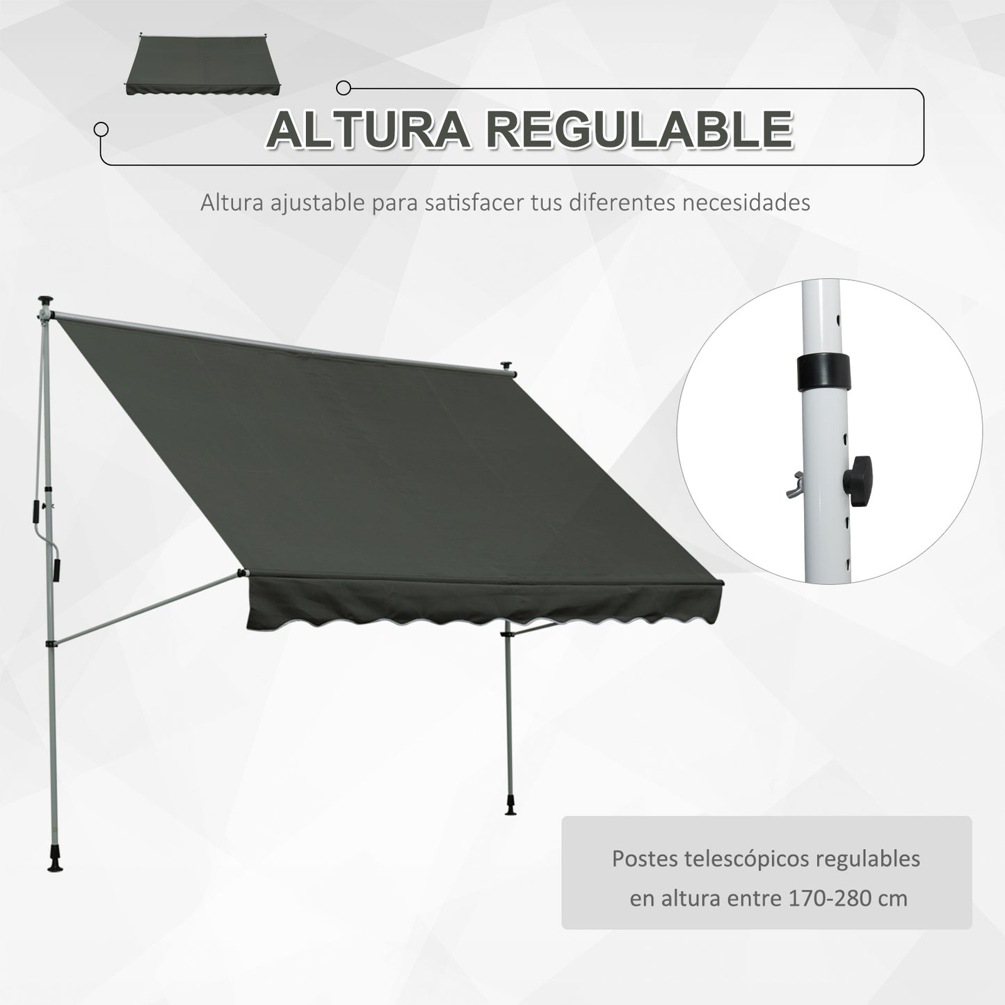 Outsunny Toldo Manual Retráctil 300x150x170-280 cm Toldo para Balcón con Altura Ajustable Manivela y Protección Solar para Terraza Jardín Gris