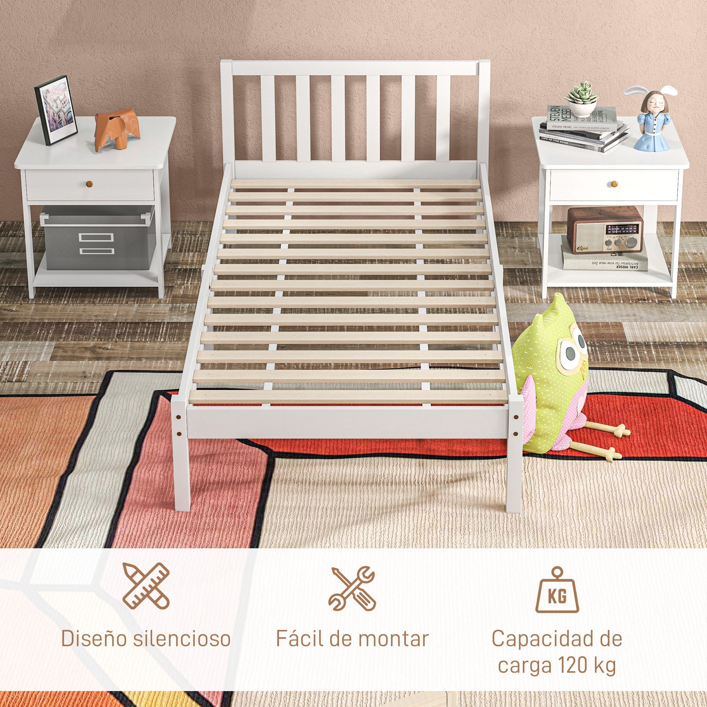 HOMCOM Marco de Cama de Madera Estructura de Cama Somier con Cabecera para Colchón de 90x190 cm (no incluido) Carga 120 kg 198x96x70 cm Blanco