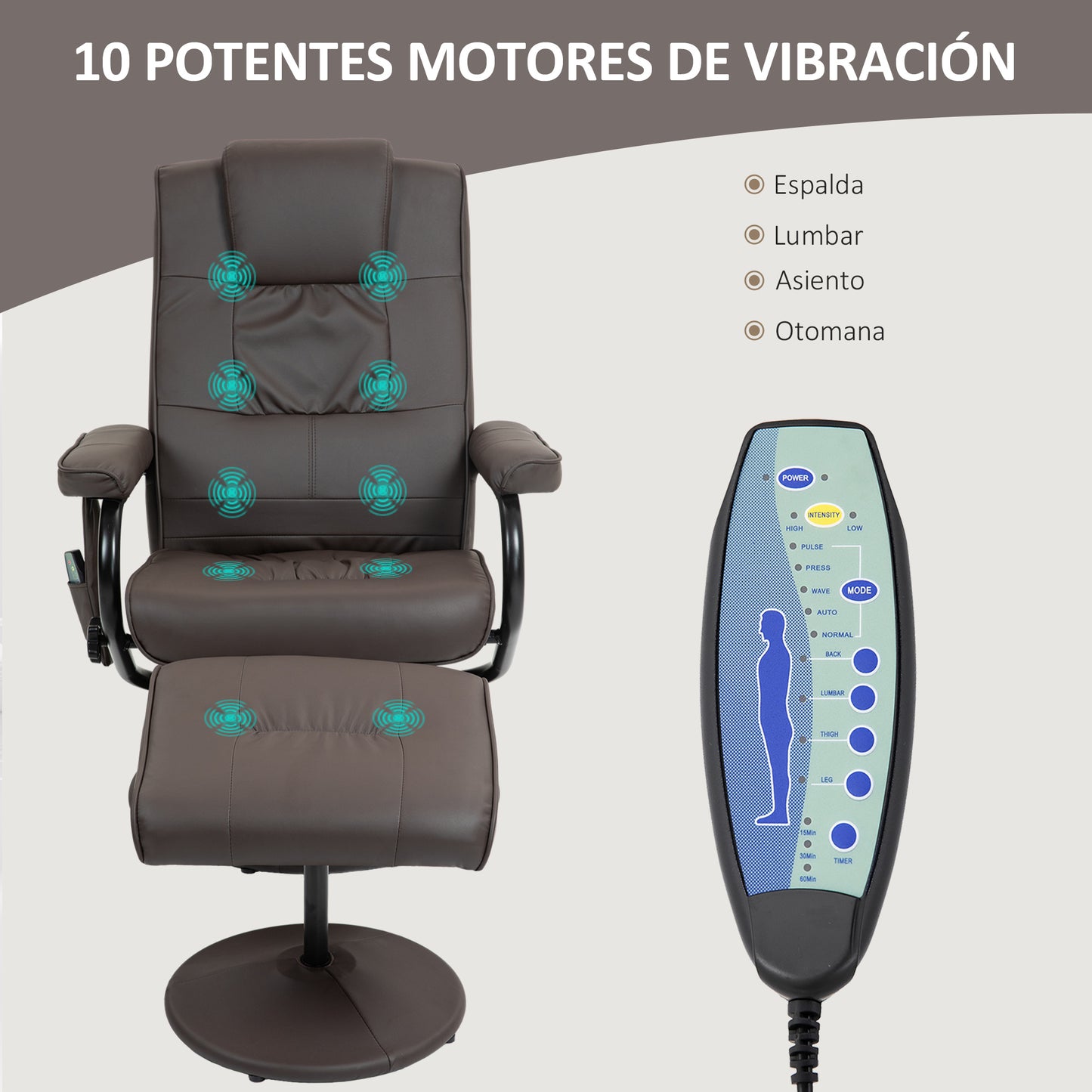 HOMCOM Sillón Relax Reclinable con Reposapiés Sillón de Masaje Eléctrico con 10 Puntos de Masaje Sillón Relax Giratorio con Mando a Distancia para Salón Oficina Marrón