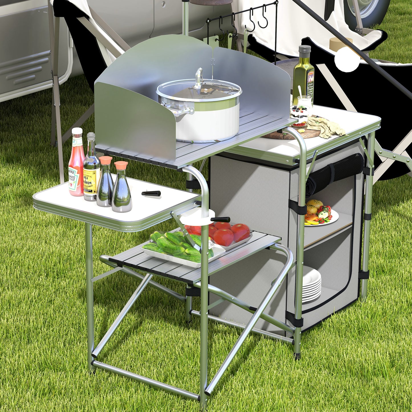 Outsunny Mueble de Cocina para Camping Armario para Camping Plegable con Mesas Estantes Poste de Luz Elevable y Bolsa de Transporte para Acampada Picnic 144x48x119 cm Plata y Gris Claro