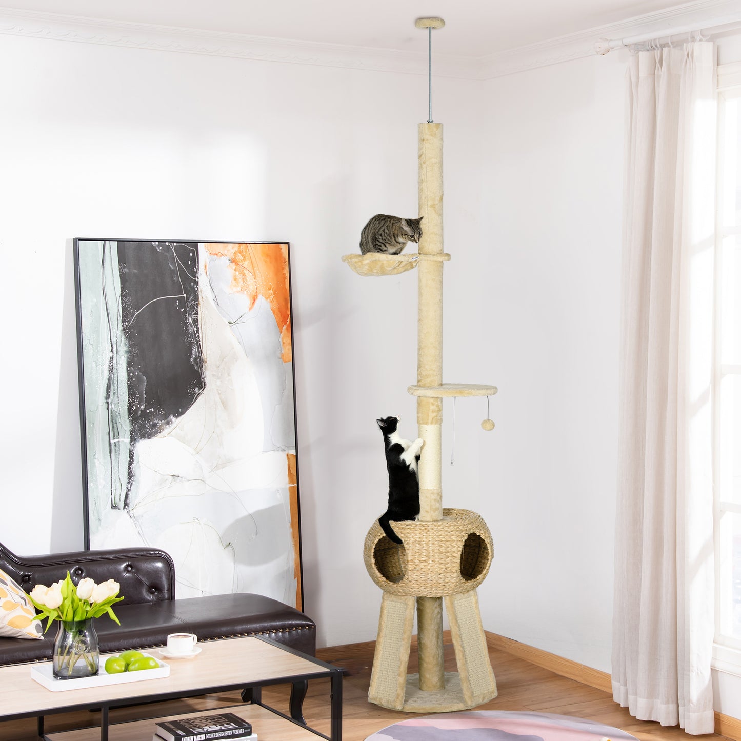 PawHut Árbol para Gatos de Suelo a Techo de 225-255 cm Torre para Gatos Altura Ajustable con Cueva Plataformas Hamaca Postes Rascadores Rampas y Bolas Colgantes Ø48x225-255 cm Beige