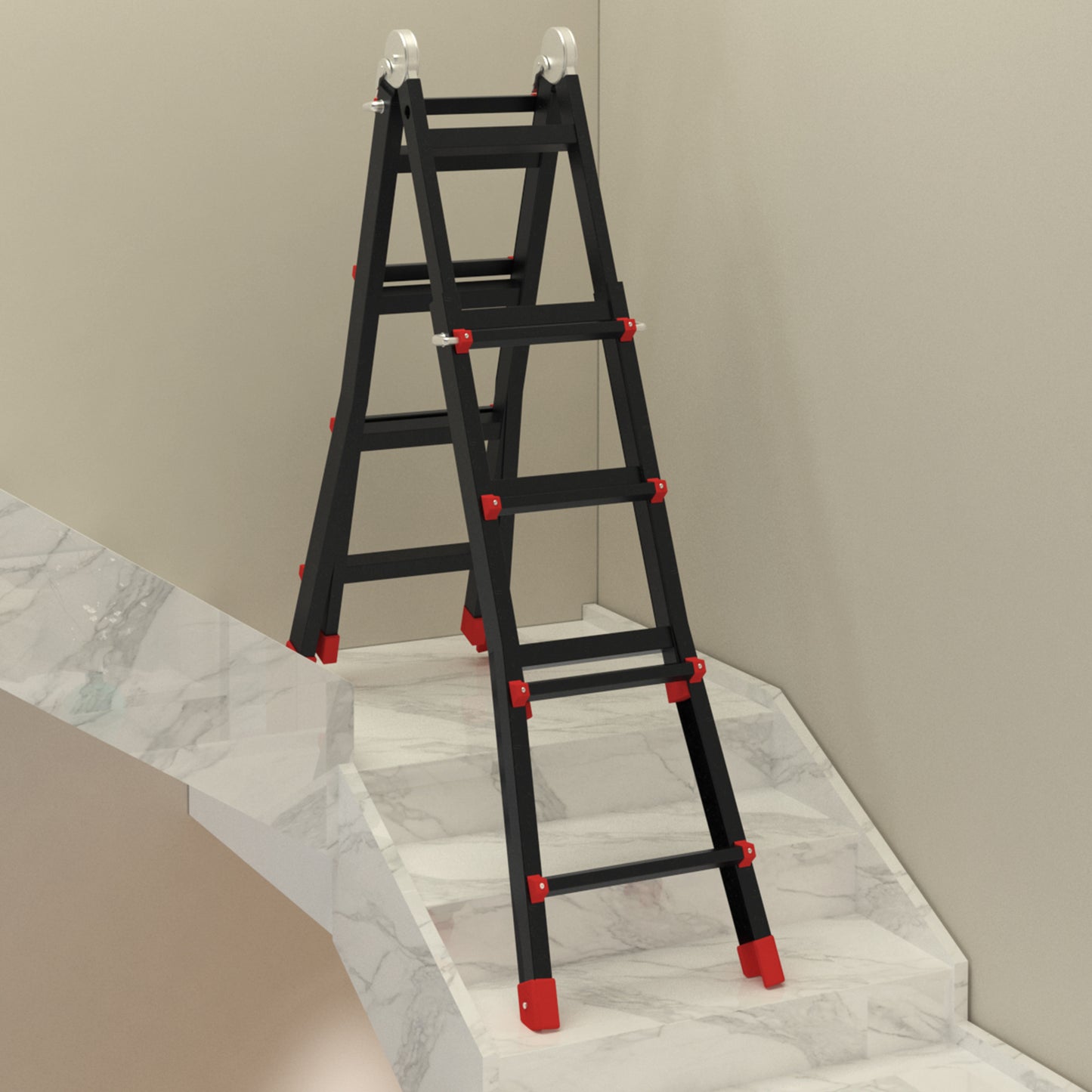 HOMCOM Escalera Telescópica de Aluminio 4 m Escalera Extensible Plegable con 8 Peldaños Ajustables y 2 Formas Escalera Multiusos Carga 150 kg Negro y Rojo