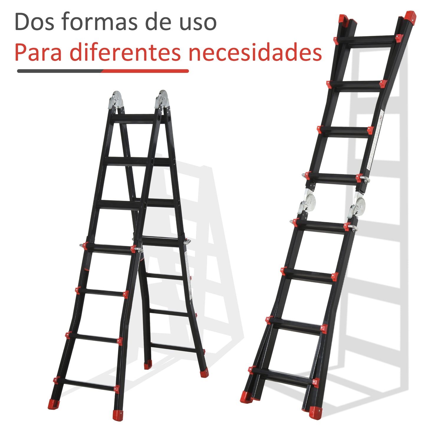 HOMCOM Escalera Telescópica de Aluminio 4 m Escalera Extensible Plegable con 8 Peldaños Ajustables y 2 Formas Escalera Multiusos Carga 150 kg Negro y Rojo