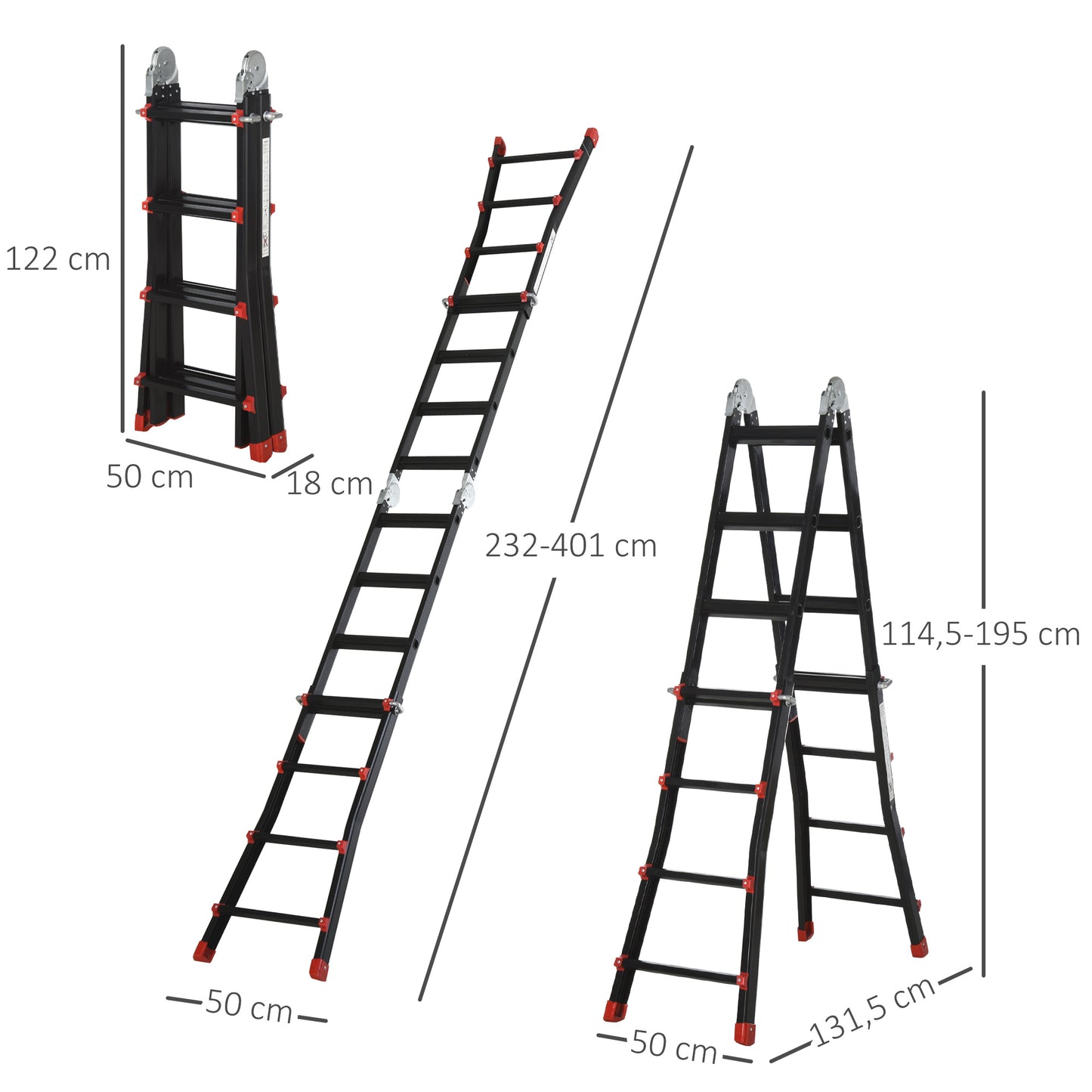 HOMCOM Escalera Telescópica de Aluminio 4 m Escalera Extensible Plegable con 8 Peldaños Ajustables y 2 Formas Escalera Multiusos Carga 150 kg Negro y Rojo