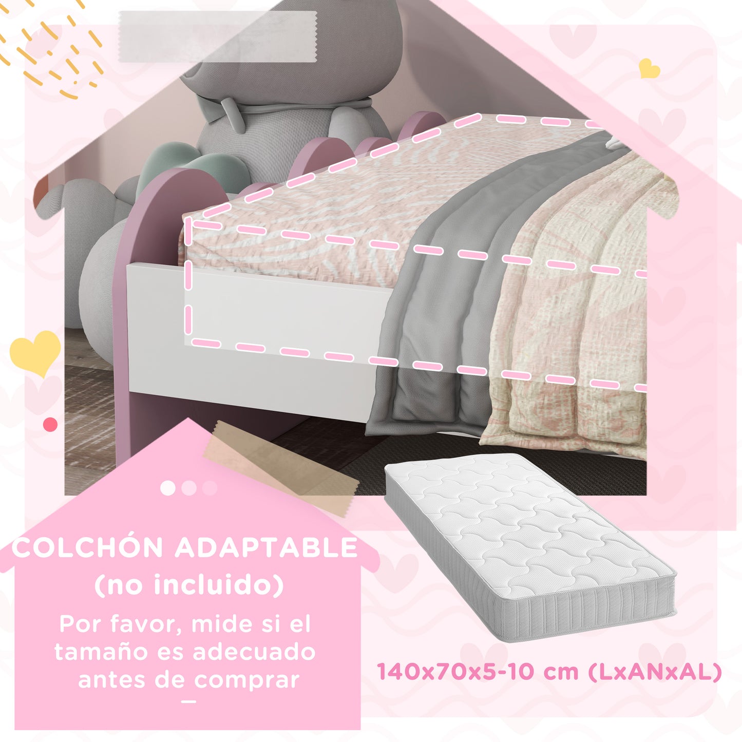 ZONEKIZ Cama para Niños de 3-6 Años 143x74x66 cm Cama Infantil de Madera en Forma de Arcoíris Mueble de Dormitorio Moderno Carga 80 kg Rosa