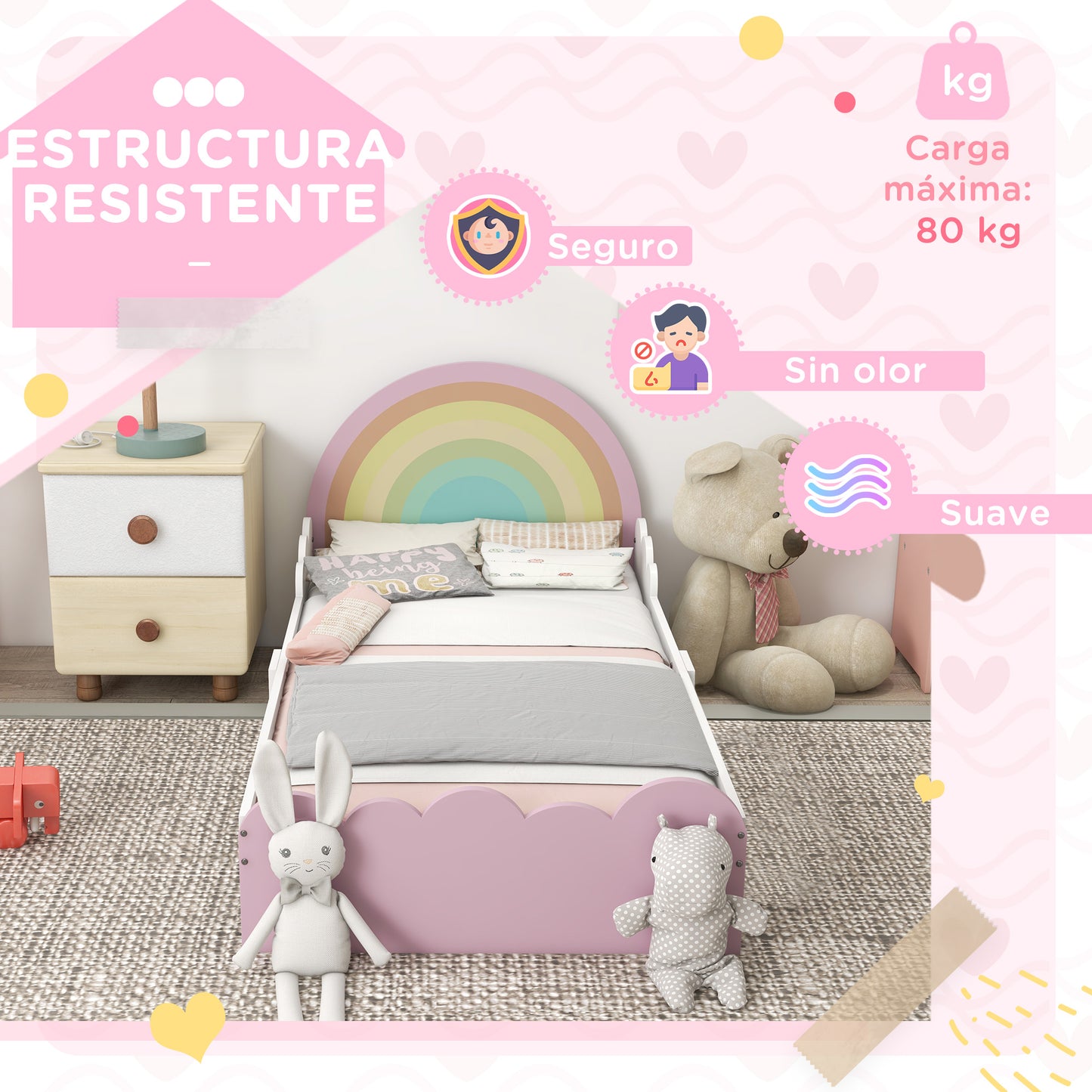 ZONEKIZ Cama para Niños de 3-6 Años 143x74x66 cm Cama Infantil de Madera en Forma de Arcoíris Mueble de Dormitorio Moderno Carga 80 kg Rosa