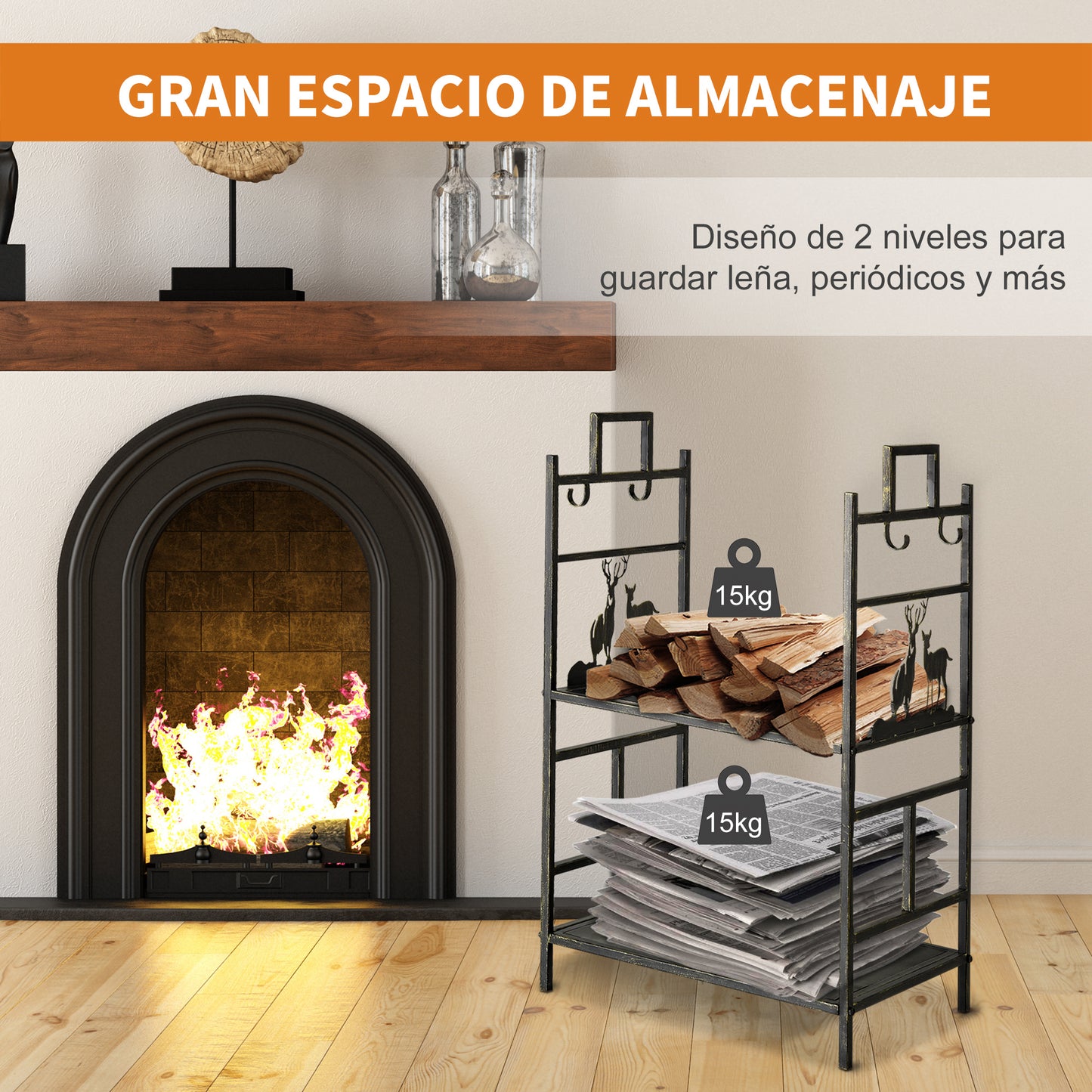 Outsunny Soporte para Leña de Metal de 2 Niveles Estante para Leña con 4 Herramientas y Asas para Chimenea para Interior y Exterior 51,5x33x77 cm Negro Dorado