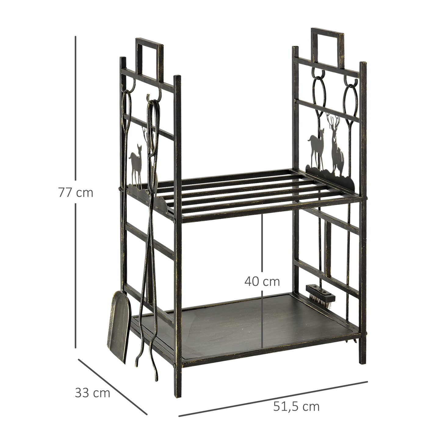 Outsunny Soporte para Leña de Metal de 2 Niveles Estante para Leña con 4 Herramientas y Asas para Chimenea para Interior y Exterior 51,5x33x77 cm Negro Dorado