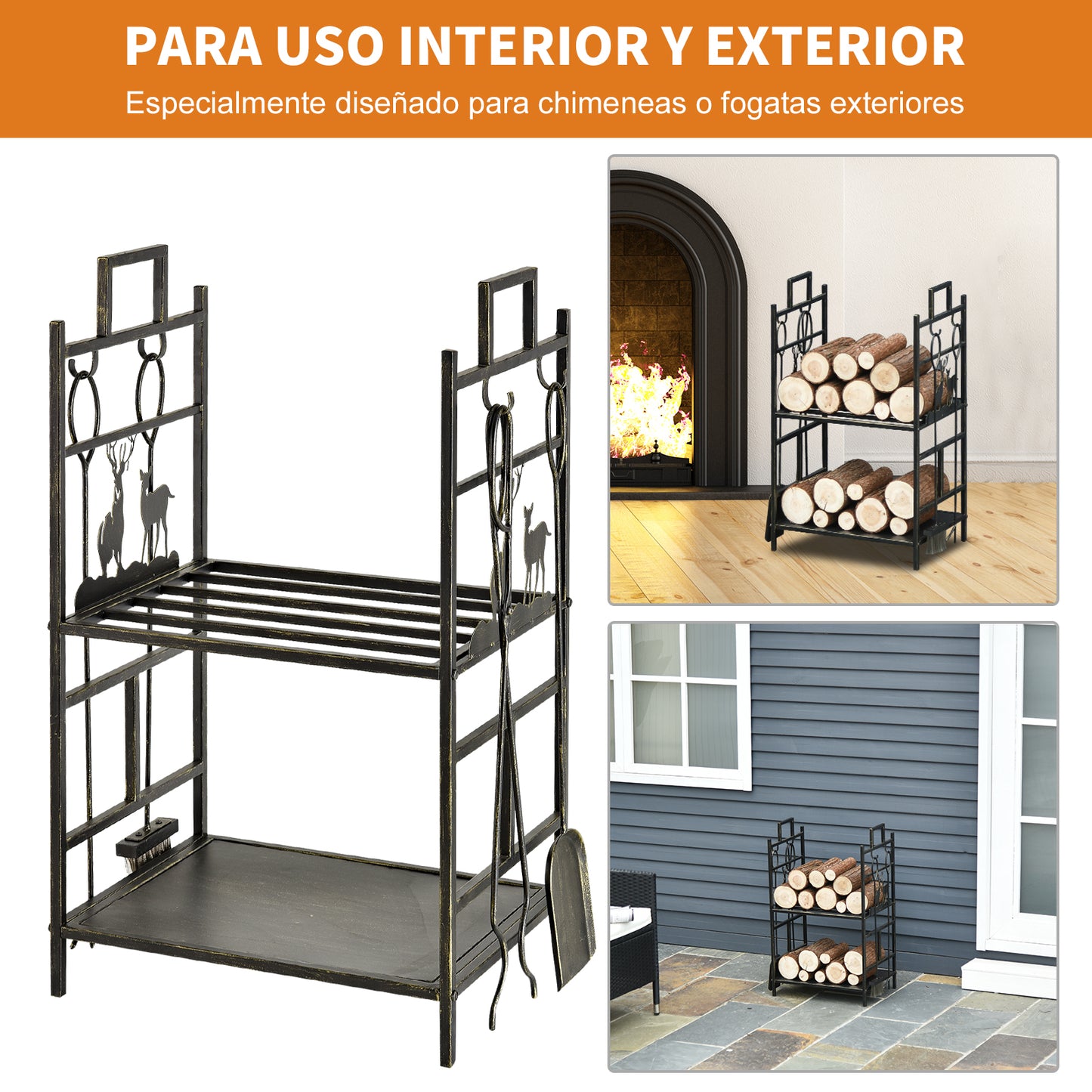 Outsunny Soporte para Leña de Metal de 2 Niveles Estante para Leña con 4 Herramientas y Asas para Chimenea para Interior y Exterior 51,5x33x77 cm Negro Dorado