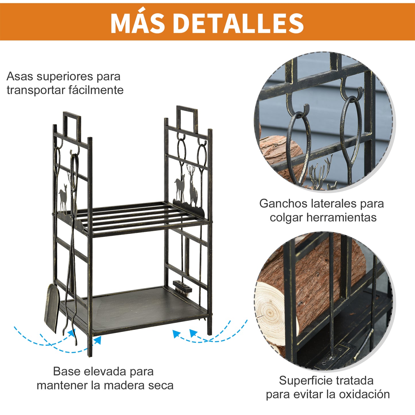 Outsunny Soporte para Leña de Metal de 2 Niveles Estante para Leña con 4 Herramientas y Asas para Chimenea para Interior y Exterior 51,5x33x77 cm Negro Dorado