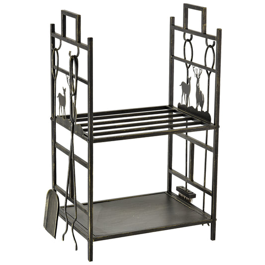 Outsunny Soporte para Leña de Metal de 2 Niveles Estante para Leña con 4 Herramientas y Asas para Chimenea para Interior y Exterior 51,5x33x77 cm Negro Dorado