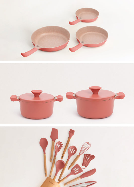 Batería de cocina 3 sartenes PAN STUDIO, 2 ollas POT STUDIO y set de utensilios KITCHENWARE STUDIO