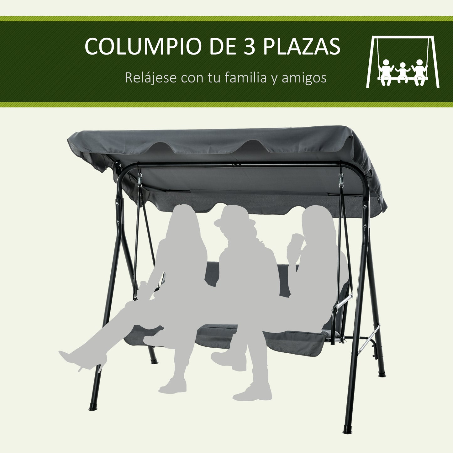 Outsunny Columpio Balancín de Jardín Exterior de 3 Plazas con Cojín Techo Ajustable y Marco de Acero para Balcón Terraza Patio Carga Máx. 240 kg 172x110x153 cm Gris