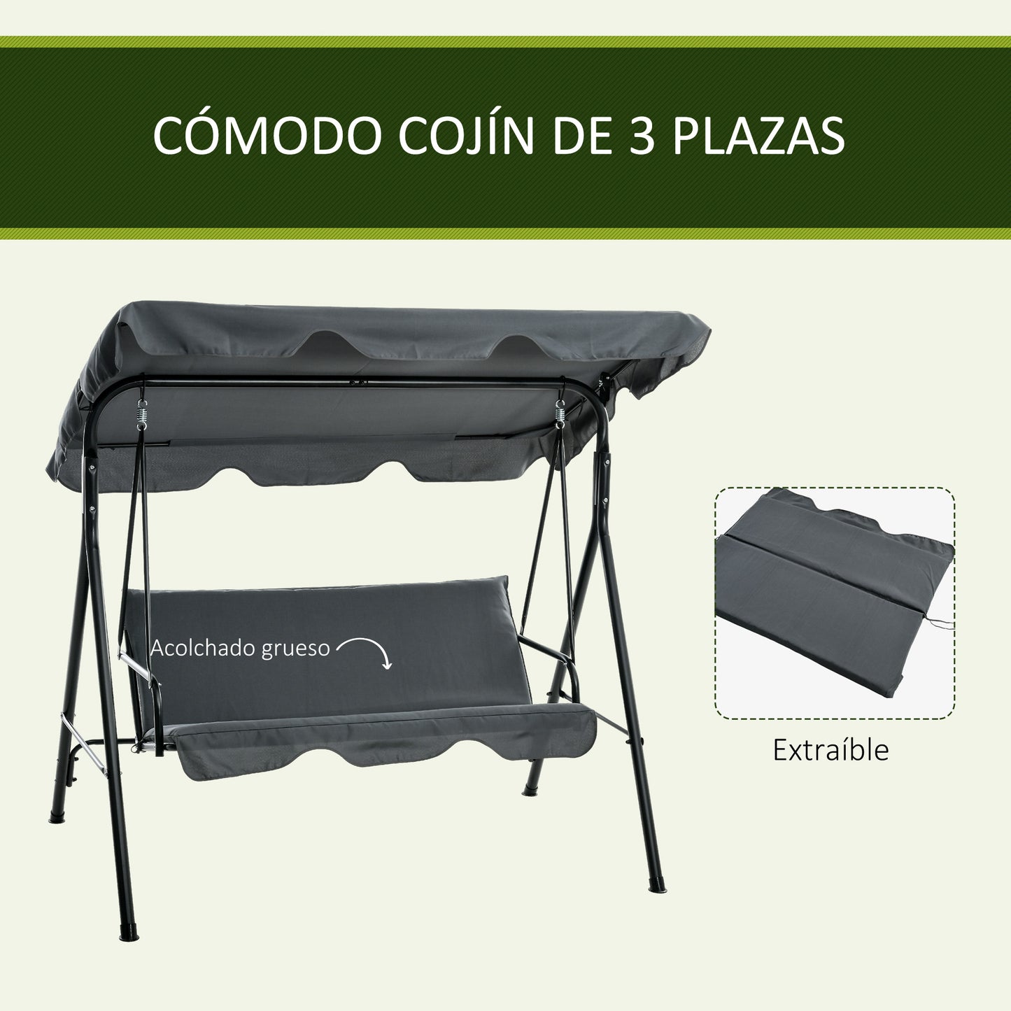 Outsunny Columpio Balancín de Jardín Exterior de 3 Plazas con Cojín Techo Ajustable y Marco de Acero para Balcón Terraza Patio Carga Máx. 240 kg 172x110x153 cm Gris