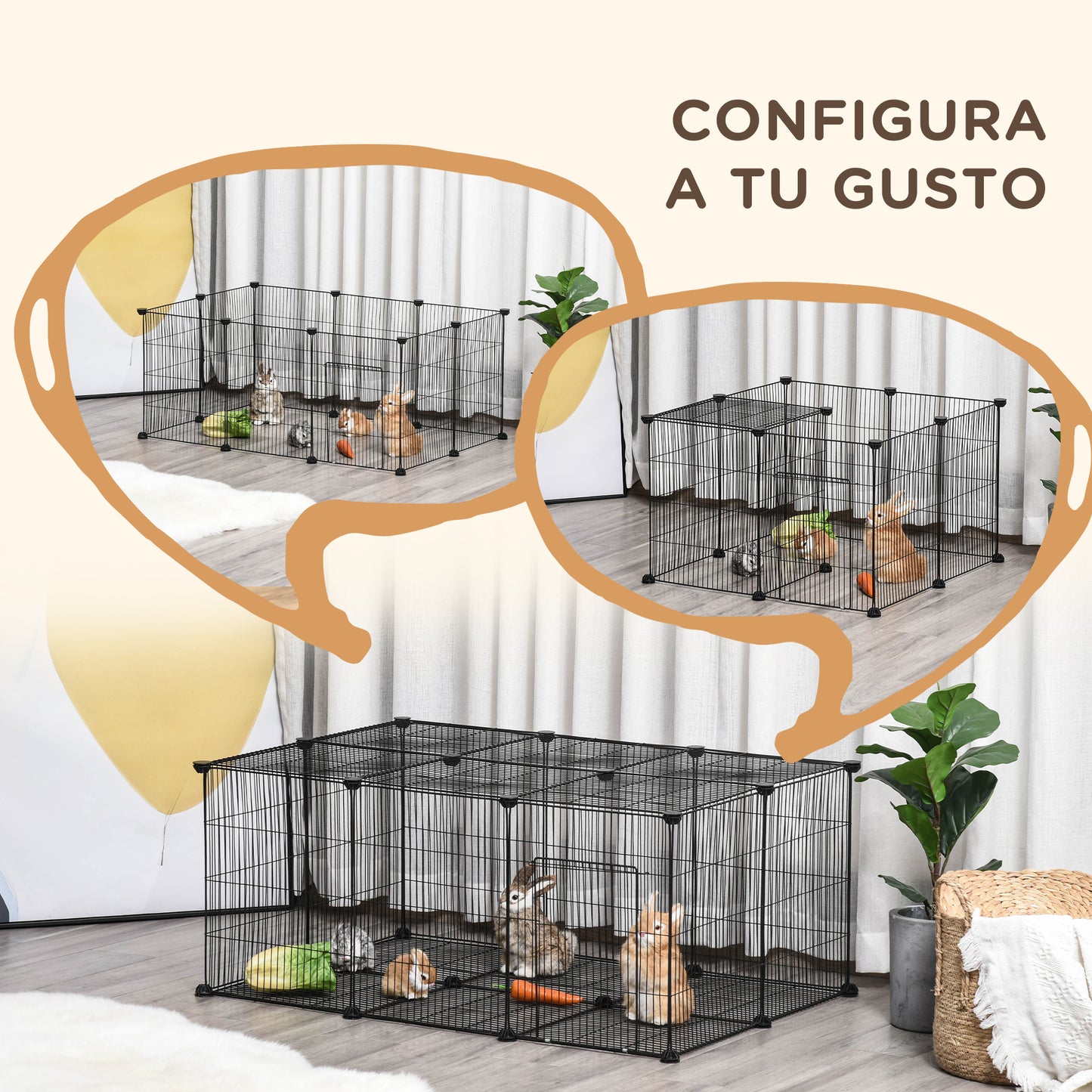 PawHut Parque para Mascotas DIY Jaula para Animales Pequeños de 22 Paneles de Malla Metálica con Puerta Conejos Cobaya 105x70x45 cm Negro