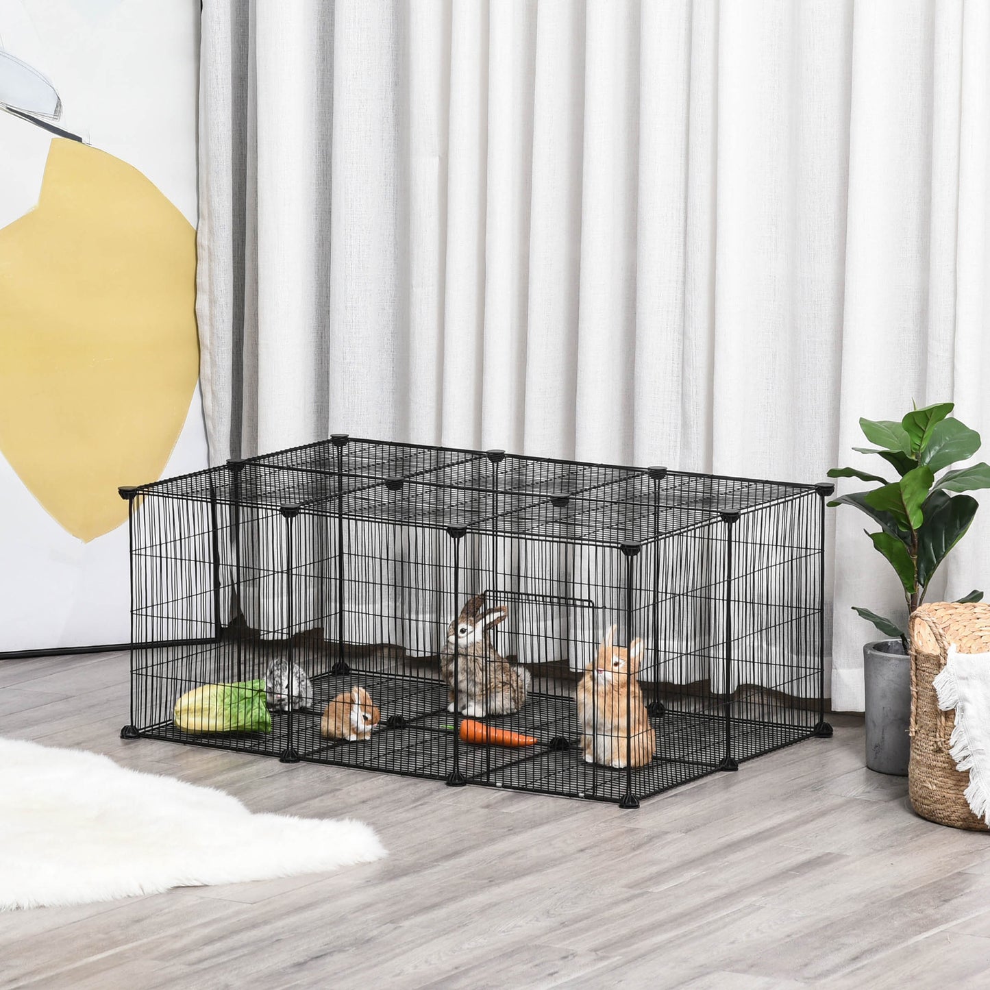 PawHut Parque para Mascotas DIY Jaula para Animales Pequeños de 22 Paneles de Malla Metálica con Puerta Conejos Cobaya 105x70x45 cm Negro