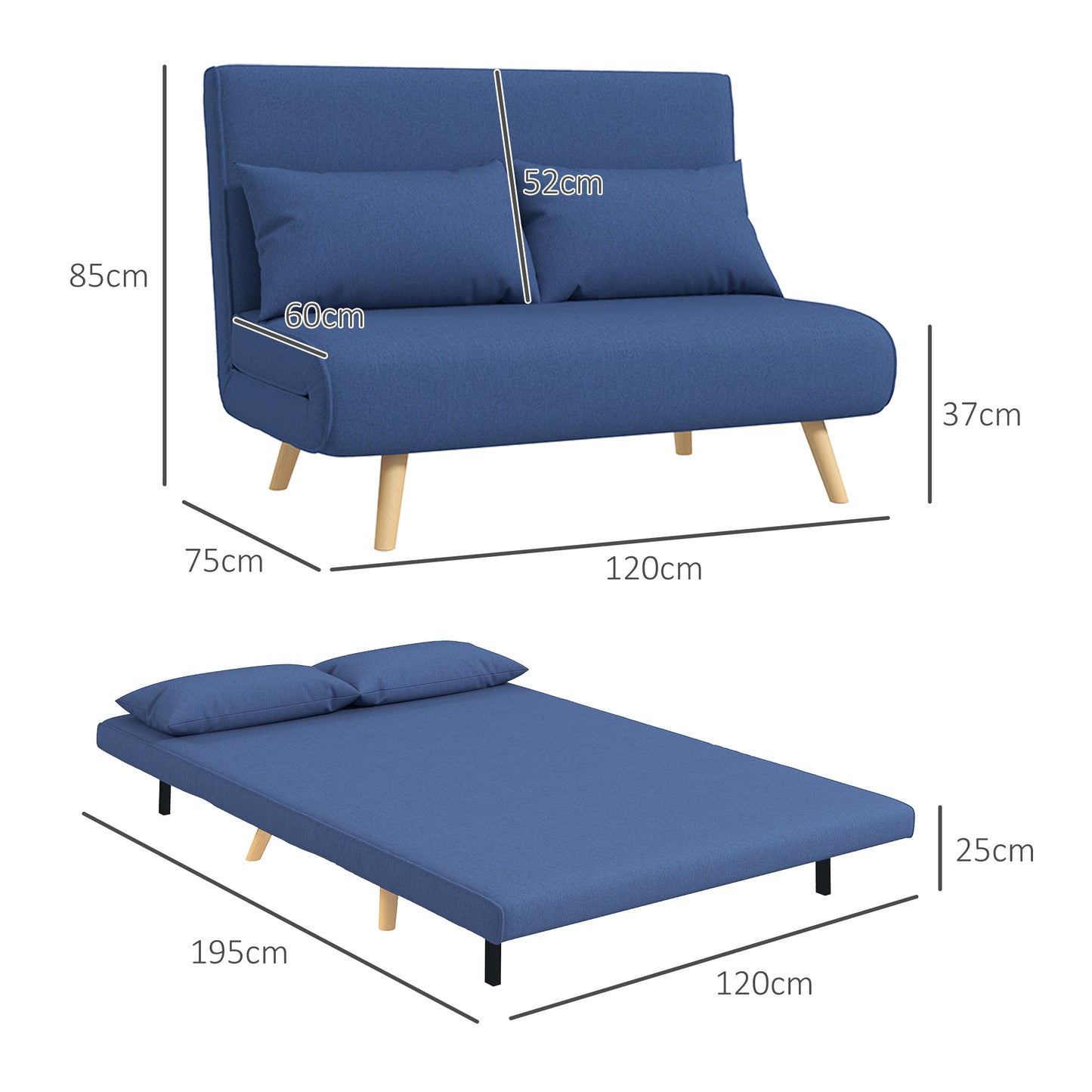 HOMCOM Sofá Cama de 2 Plazas Sofá Cama Plegable Tapizado en Lino con Respaldo Ajustable en 5 Posiciones y 2 Almohadas Sofá Cama Pequeño para Salón 120x75x85 cm Azul Oscuro