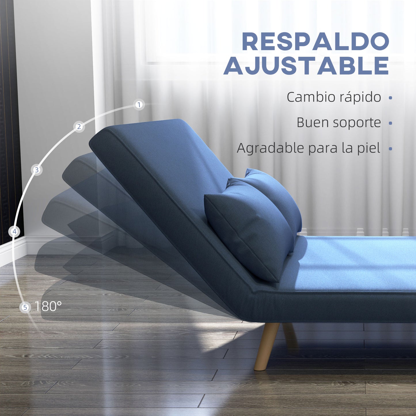 HOMCOM Sofá Cama de 2 Plazas Sofá Cama Plegable Tapizado en Lino con Respaldo Ajustable en 5 Posiciones y 2 Almohadas Sofá Cama Pequeño para Salón 120x75x85 cm Azul Oscuro