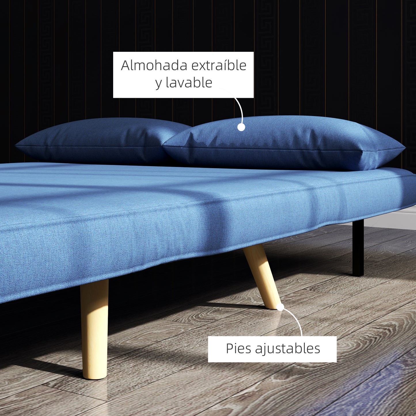 HOMCOM Sofá Cama de 2 Plazas Sofá Cama Plegable Tapizado en Lino con Respaldo Ajustable en 5 Posiciones y 2 Almohadas Sofá Cama Pequeño para Salón 120x75x85 cm Azul Oscuro