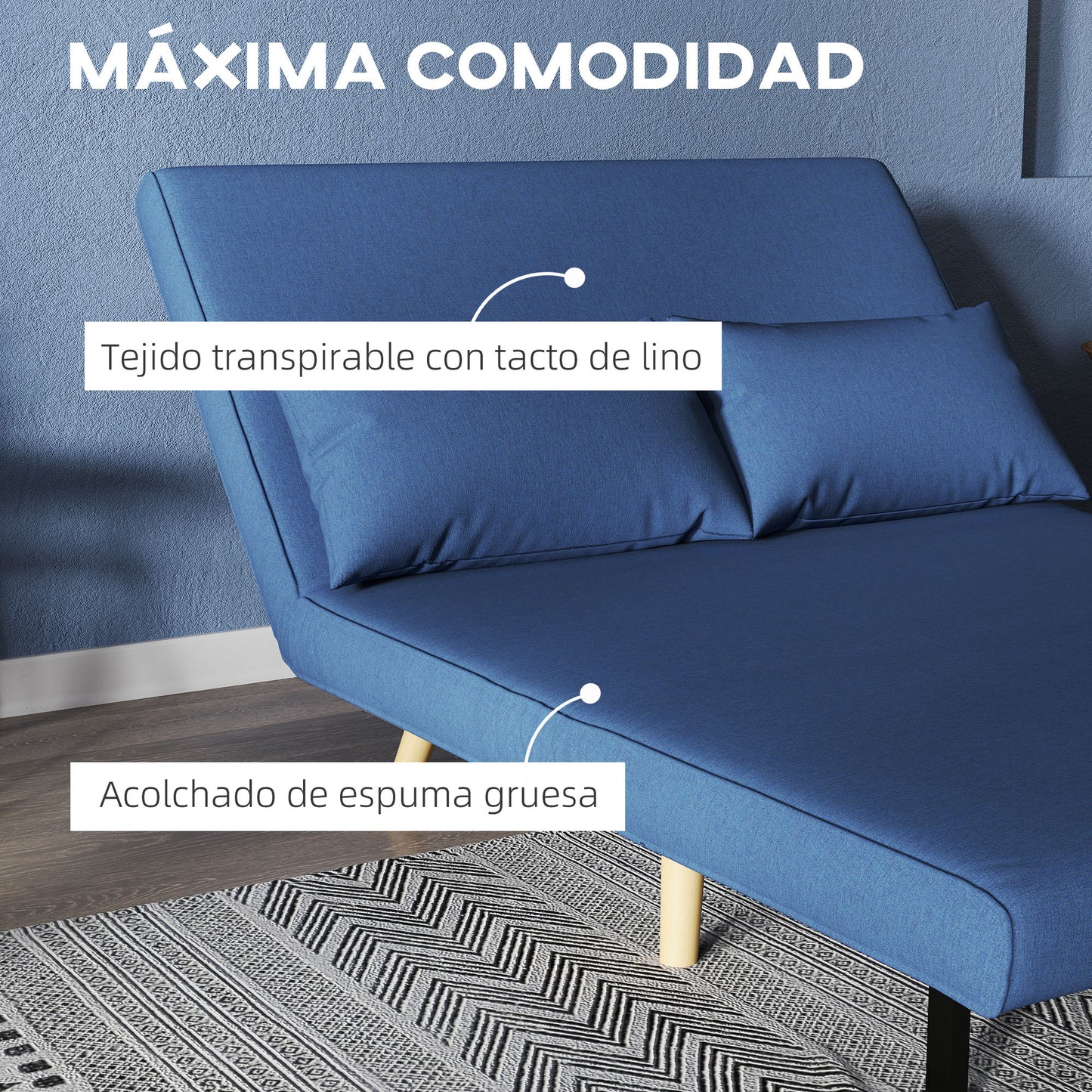 HOMCOM Sofá Cama de 2 Plazas Sofá Cama Plegable Tapizado en Lino con Respaldo Ajustable en 5 Posiciones y 2 Almohadas Sofá Cama Pequeño para Salón 120x75x85 cm Azul Oscuro