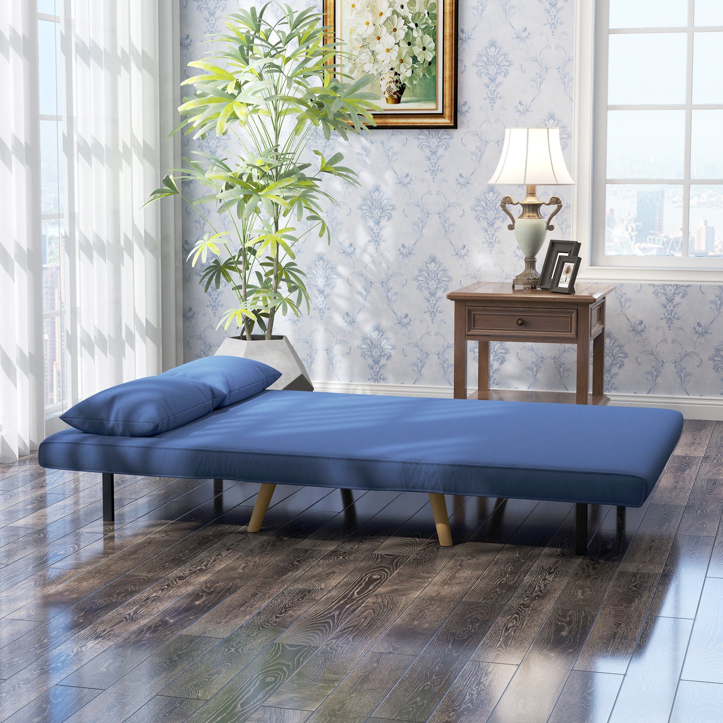 HOMCOM Sofá Cama de 2 Plazas Sofá Cama Plegable Tapizado en Lino con Respaldo Ajustable en 5 Posiciones y 2 Almohadas Sofá Cama Pequeño para Salón 120x75x85 cm Azul Oscuro