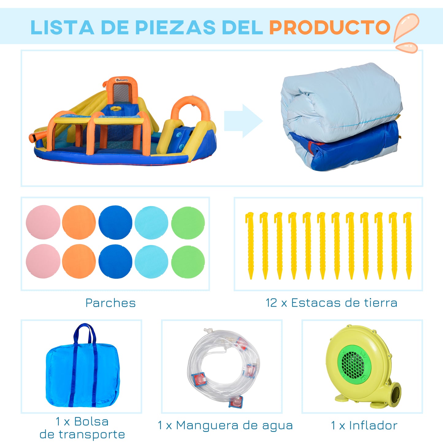 Outsunny Castillo Hinchable para Niños de 3-8 Años Castillo Inflable con Inflador Parque Acuático con Cesta de Baloncesto Piscina Tobogán y Bolsa de Transporte 435x435x200 cm Multicolor