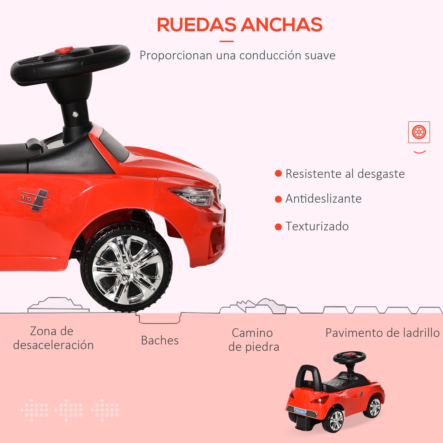 HOMCOM Coche Correpasillos para Niños de 18-36 Meses con Faros Música Bocina Volante Espacio de Almacenaje y Asa para Empujar 63,5x28x36 cm Rojo