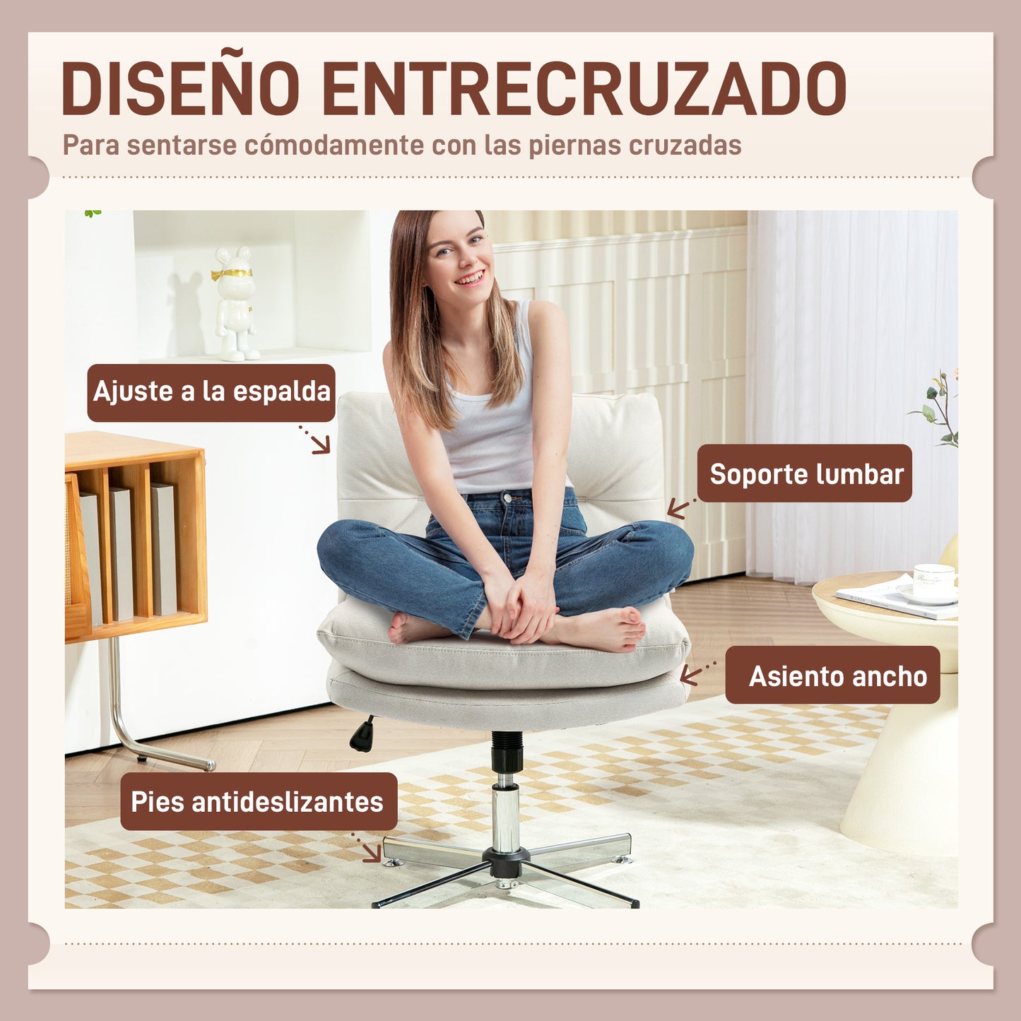 HOMCOM Silla de Escritorio sin Brazos Silla de Oficina con Altura Ajustable Función de Basculante Base Cruzada y Asiento Amplio Silla para Estudio Dormitorio Gris Claro