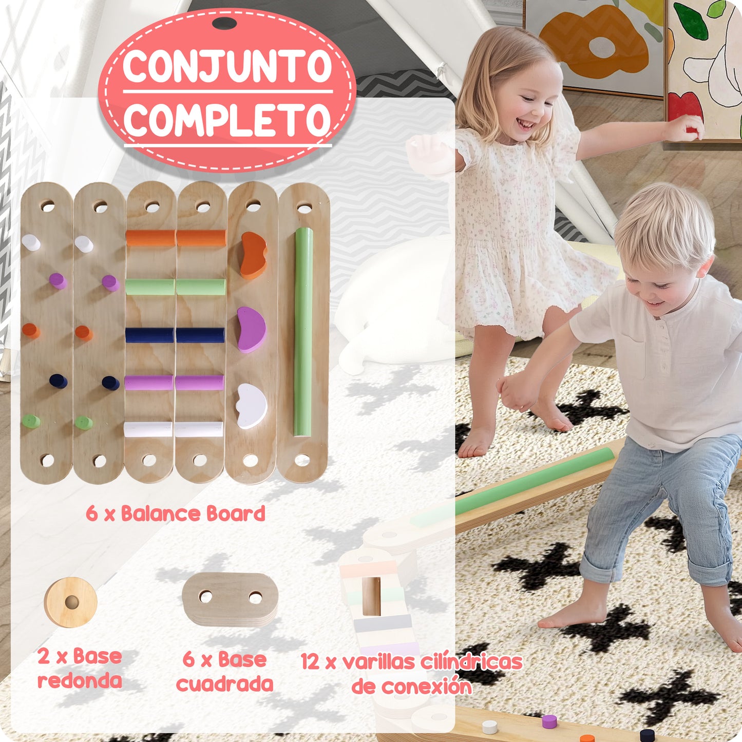 AIYAPLAY Juego de Viga de Equilibrio de Madera para Niños de +3 Años Barra de Equilibrio Infantil para Entrenamiento de Equilibrio en Interiores y Exteriores Multicolor