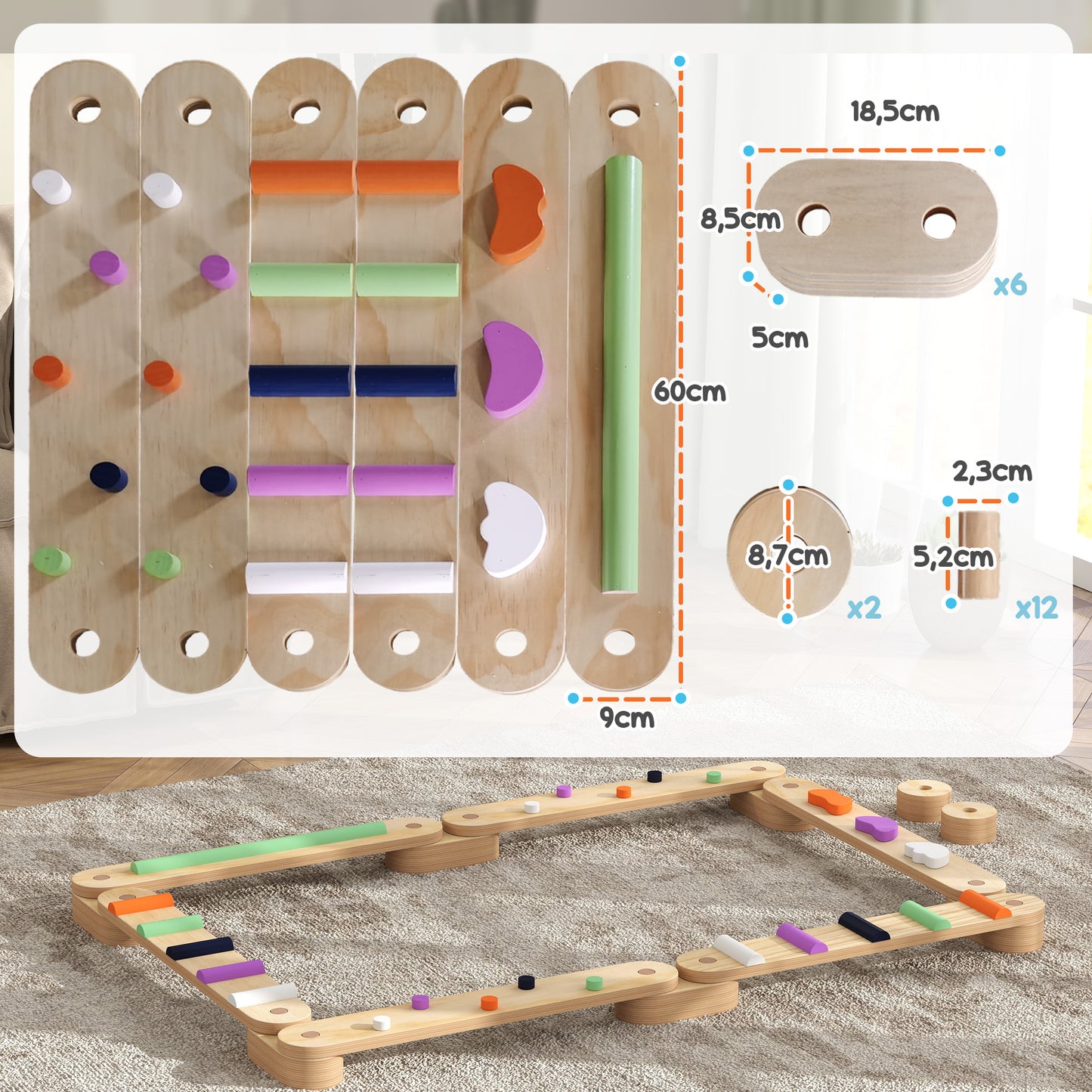 AIYAPLAY Juego de Viga de Equilibrio de Madera para Niños de +3 Años Barra de Equilibrio Infantil para Entrenamiento de Equilibrio en Interiores y Exteriores Multicolor