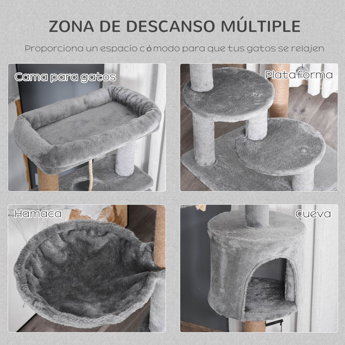 PawHut Árbol Rascador para Gatos Altura 120 cm Torre de Gatos con Plataformas Cueva Hamaca Postes de Yute Cuerda Divertida Bola Colgante 48x48x120 cm Gris