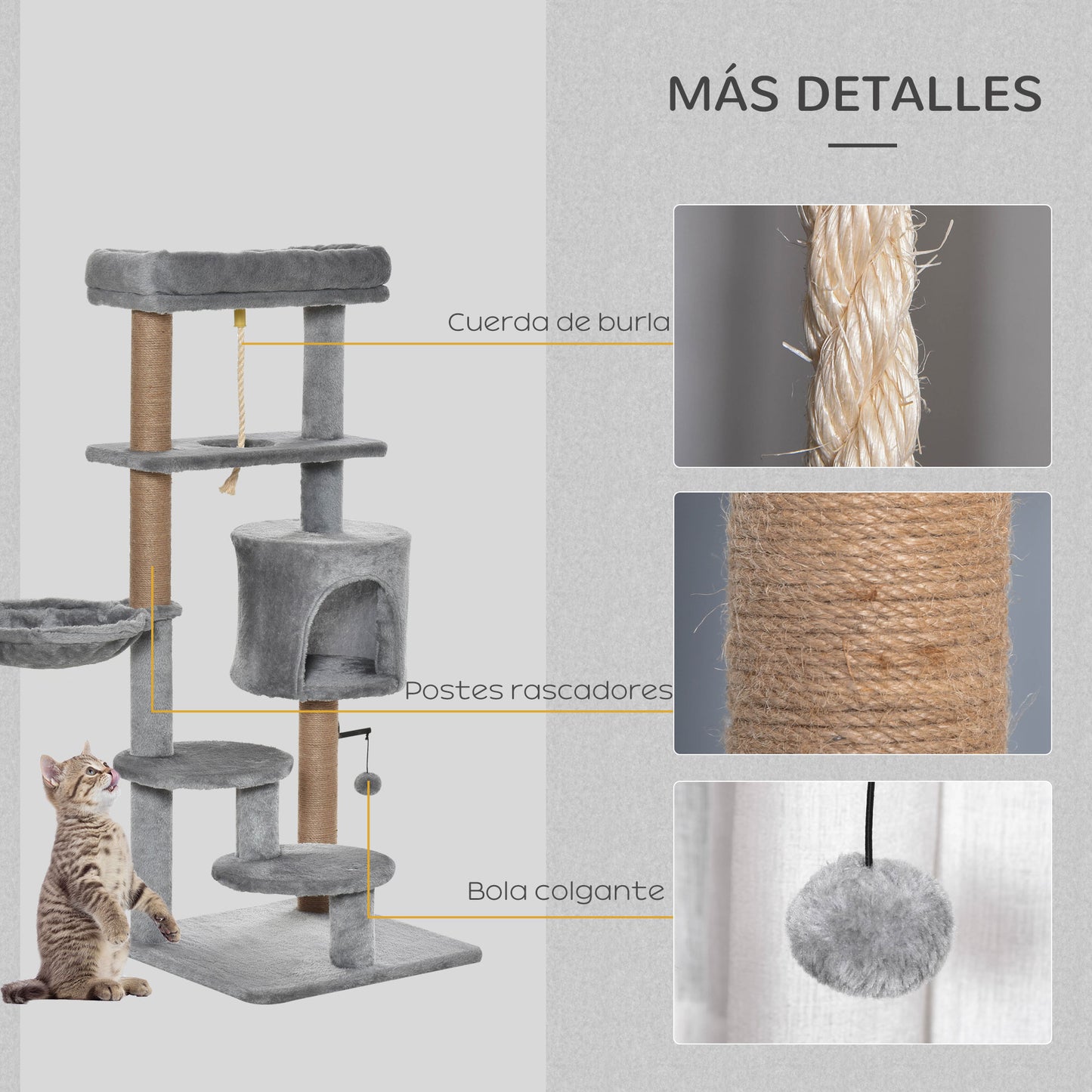 PawHut Árbol Rascador para Gatos Altura 120 cm Torre de Gatos con Plataformas Cueva Hamaca Postes de Yute Cuerda Divertida Bola Colgante 48x48x120 cm Gris