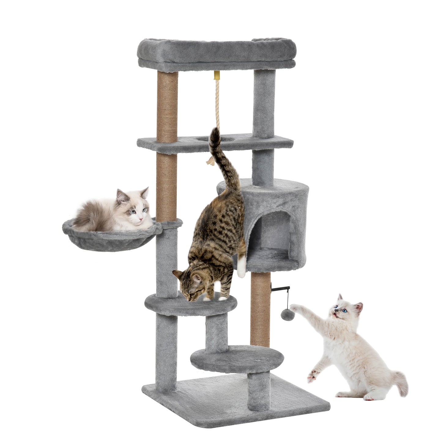 PawHut Árbol Rascador para Gatos Altura 120 cm Torre de Gatos con Plataformas Cueva Hamaca Postes de Yute Cuerda Divertida Bola Colgante 48x48x120 cm Gris