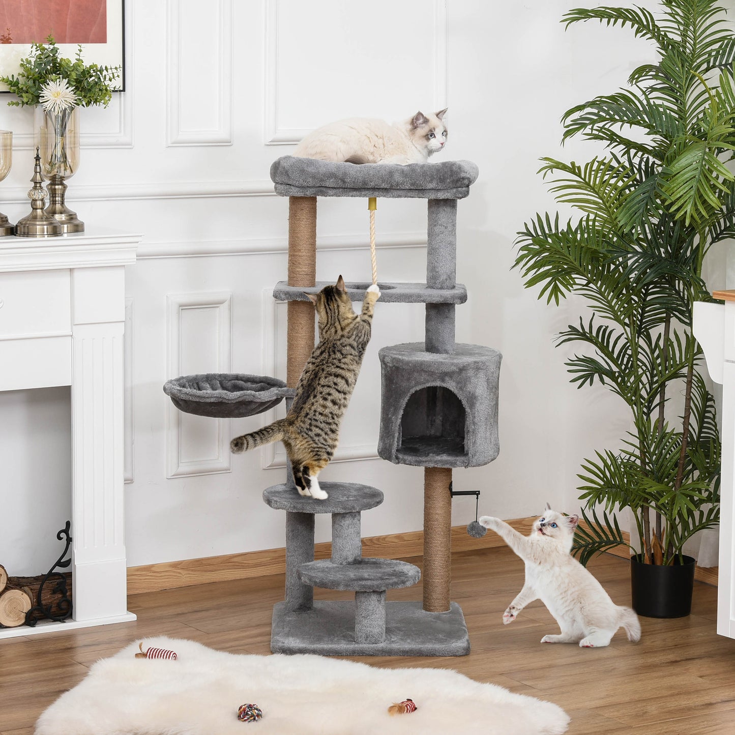 PawHut Árbol Rascador para Gatos Altura 120 cm Torre de Gatos con Plataformas Cueva Hamaca Postes de Yute Cuerda Divertida Bola Colgante 48x48x120 cm Gris