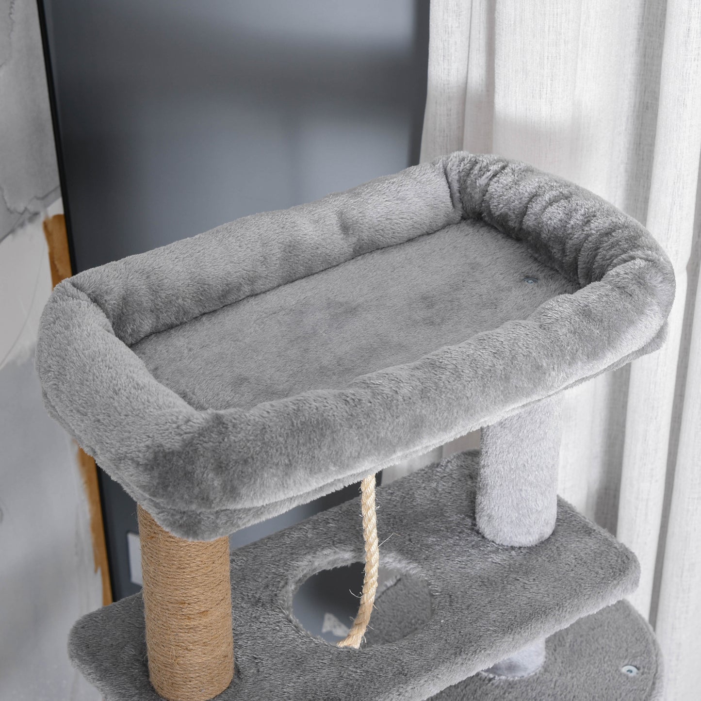 PawHut Árbol Rascador para Gatos Altura 120 cm Torre de Gatos con Plataformas Cueva Hamaca Postes de Yute Cuerda Divertida Bola Colgante 48x48x120 cm Gris