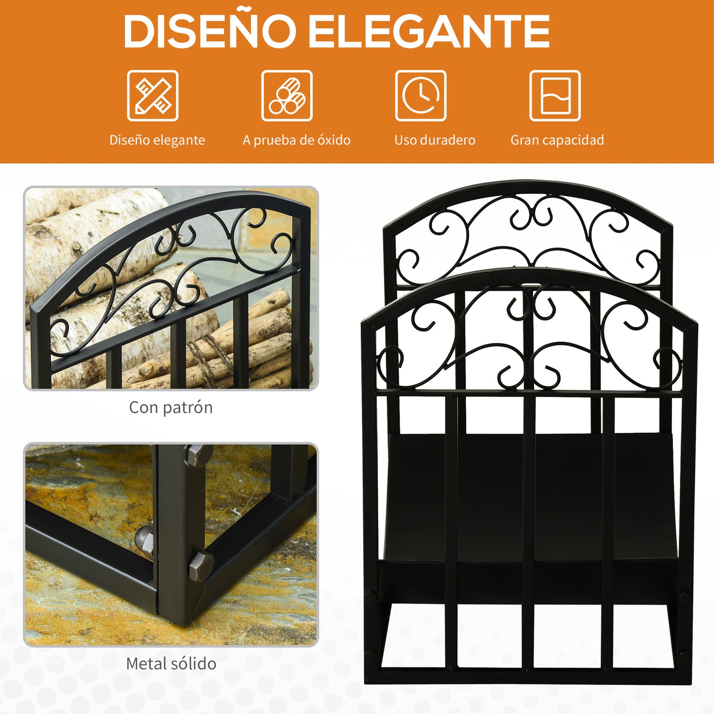 Outsunny Soporte para Leña Estante de Leña Leñero de Metal con Estante Curvo Carga 60 kg para Interior y Exterior 60,5x36x46,5 cm Negro