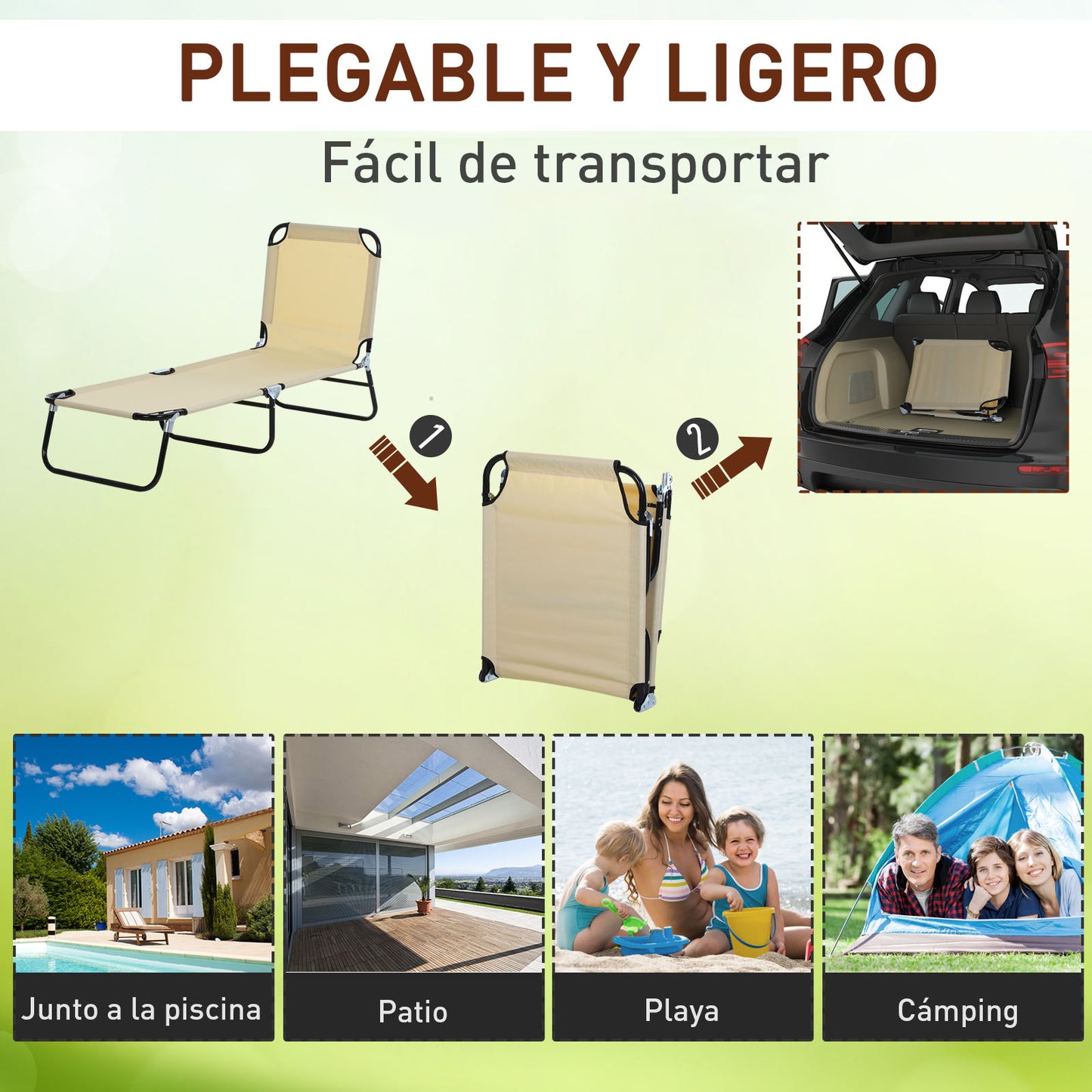 Outsunny Tumbona Plegable Reclinable con Ángulo Ajustable de 5 Posiciones para Jardín Exterior Piscina Terraza Camping Carga 120 kg 188x56x28 cm Beige