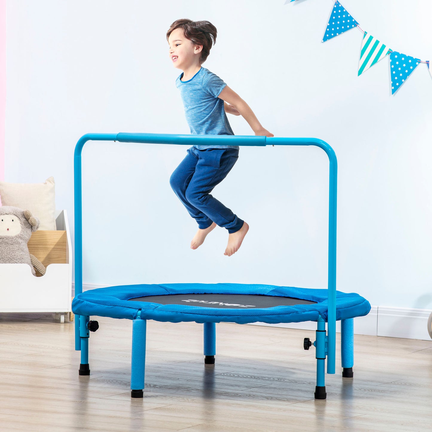 ZONEKIZ 3 en 1 Cama Elástica Infantil Ø96x74 cm Trampolín para Niños de 1-6 Años con Mango Extraíble Mini Trampolín para Interiores Carga 50 kg Azul