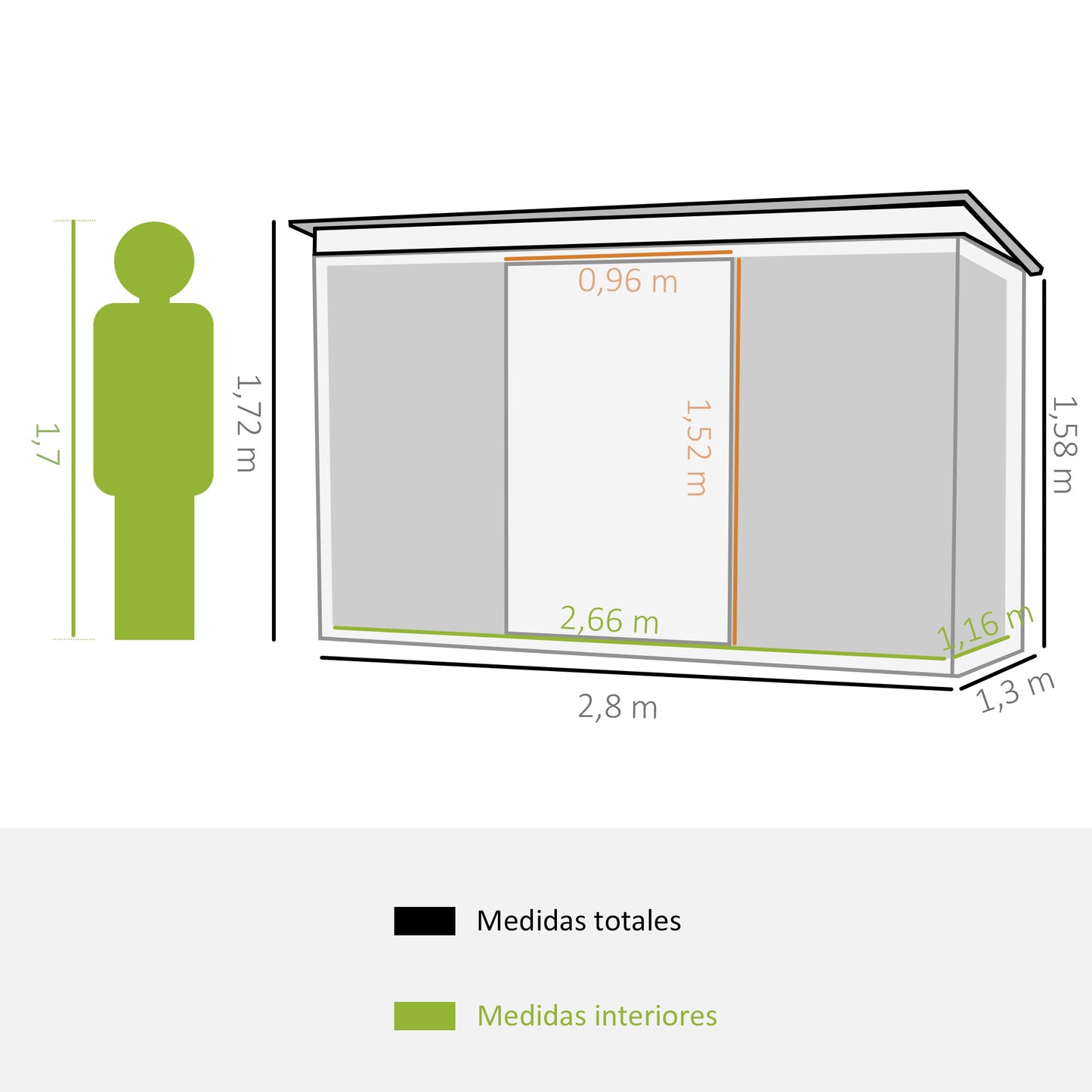 Outsunny Cobertizo de Jardín 280x130x172 cm Base de 3,2 m² Caseta de Exterior Metálica para Almacenamiento de Herramientas con 2 Puertas Correderas y 2 Orificios de Ventilación Verde