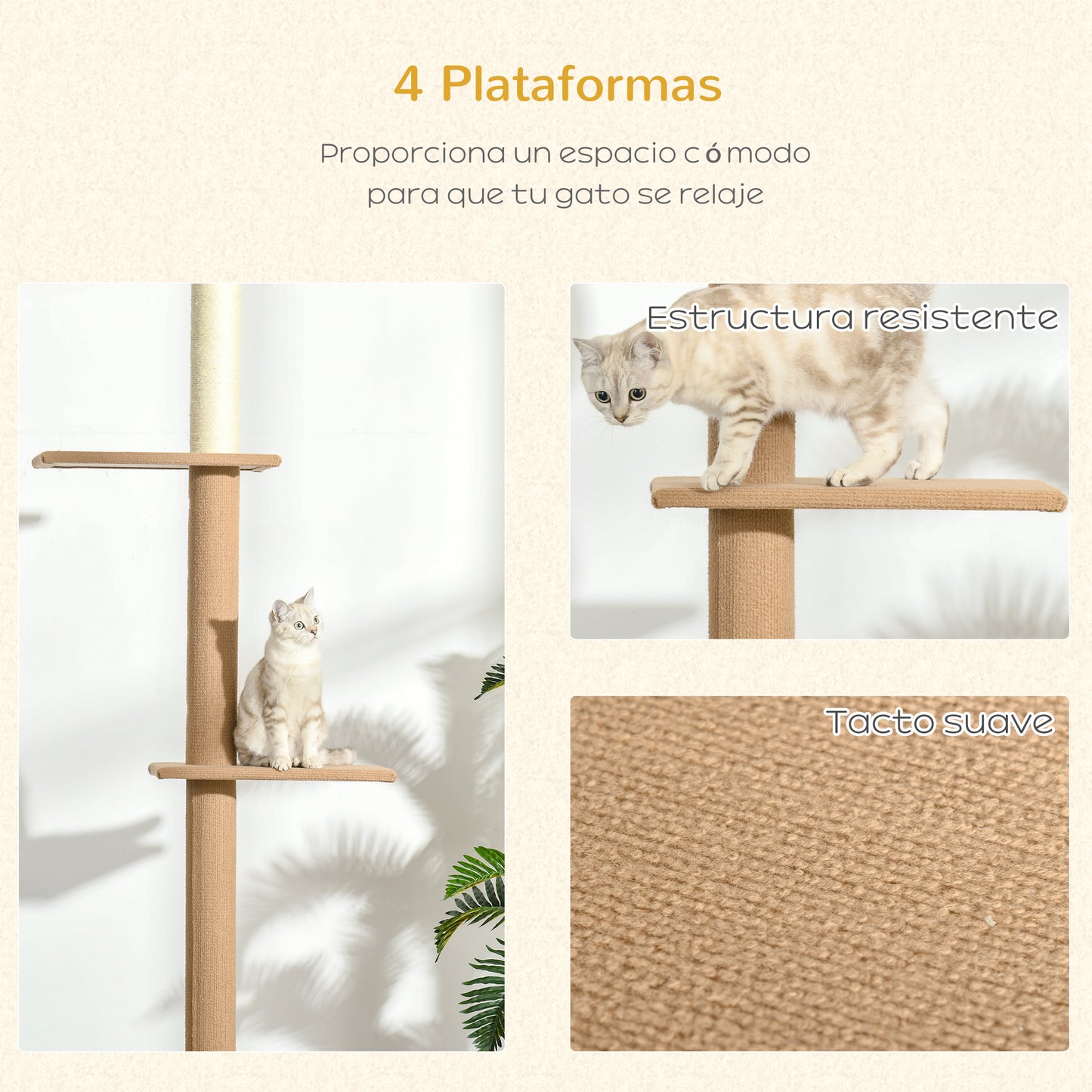 PawHut Árbol para Gatos del Suelo al Techo 43x27x228-260 cm Torre para Gatos con Altura Ajustable 4 Plataformas Espaciosas y Poste de Sisal Marrón